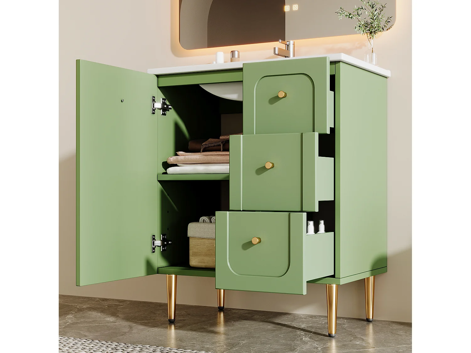 Bathroom cabinet with ceramic sink - Lacquered finish - 1 door and 2 drawers - Metal legs - MDF - Green