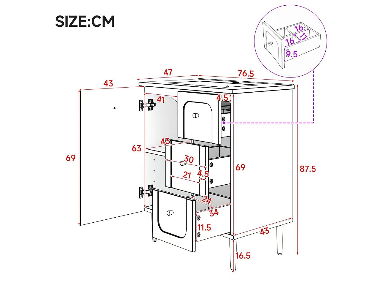 Bathroom cabinet with ceramic sink - Lacquered finish - 1 door and 2 drawers - Metal legs - MDF - Green