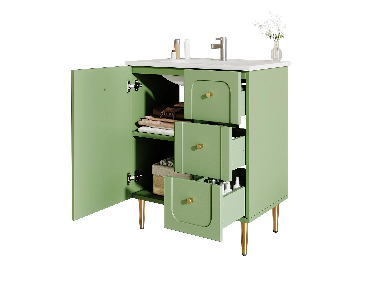 Bathroom cabinet with ceramic sink - Lacquered finish - 1 door and 2 drawers - Metal legs - MDF - Green