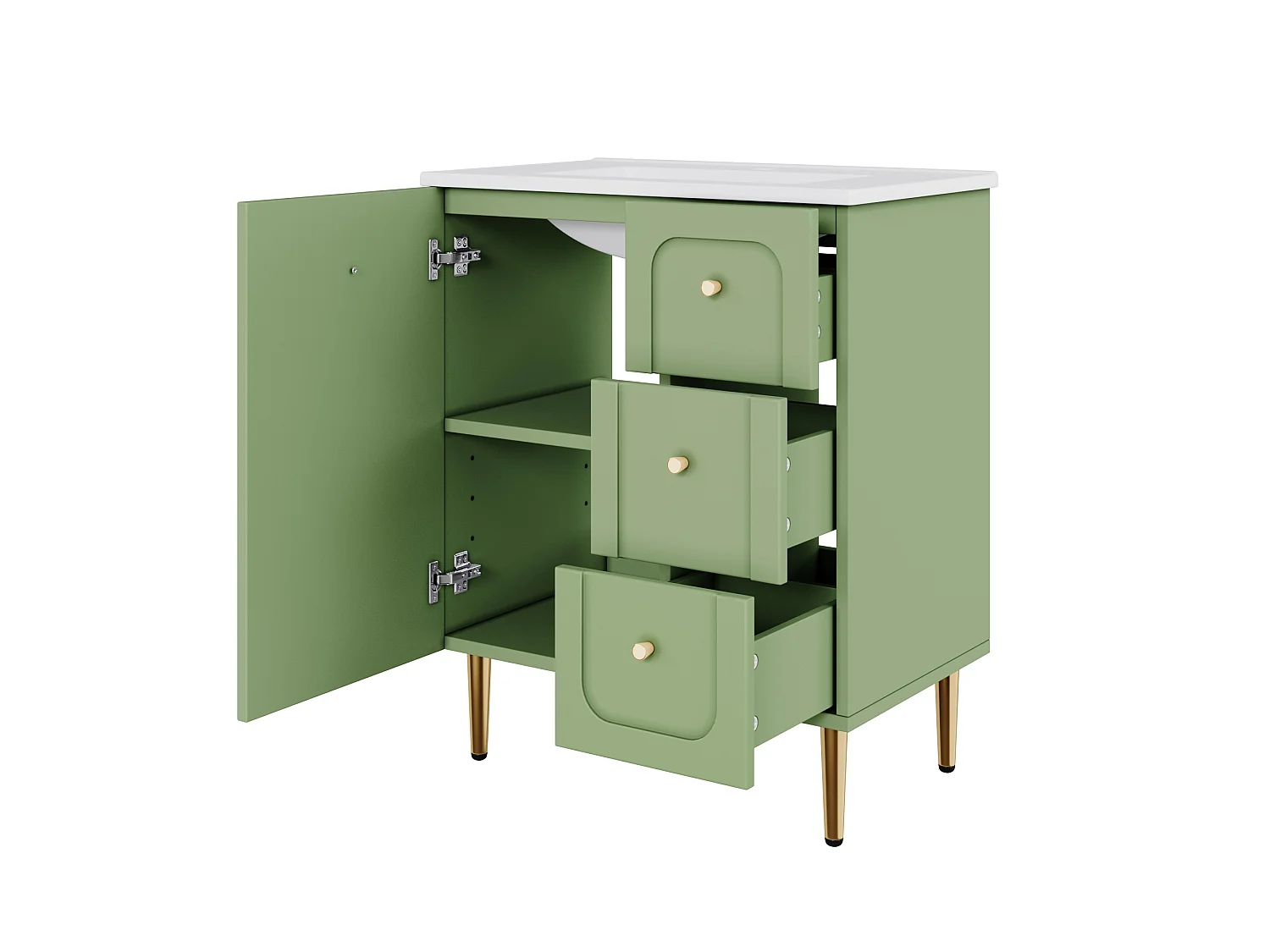 Bathroom cabinet with ceramic sink - Lacquered finish - 1 door and 2 drawers - Metal legs - MDF - Green