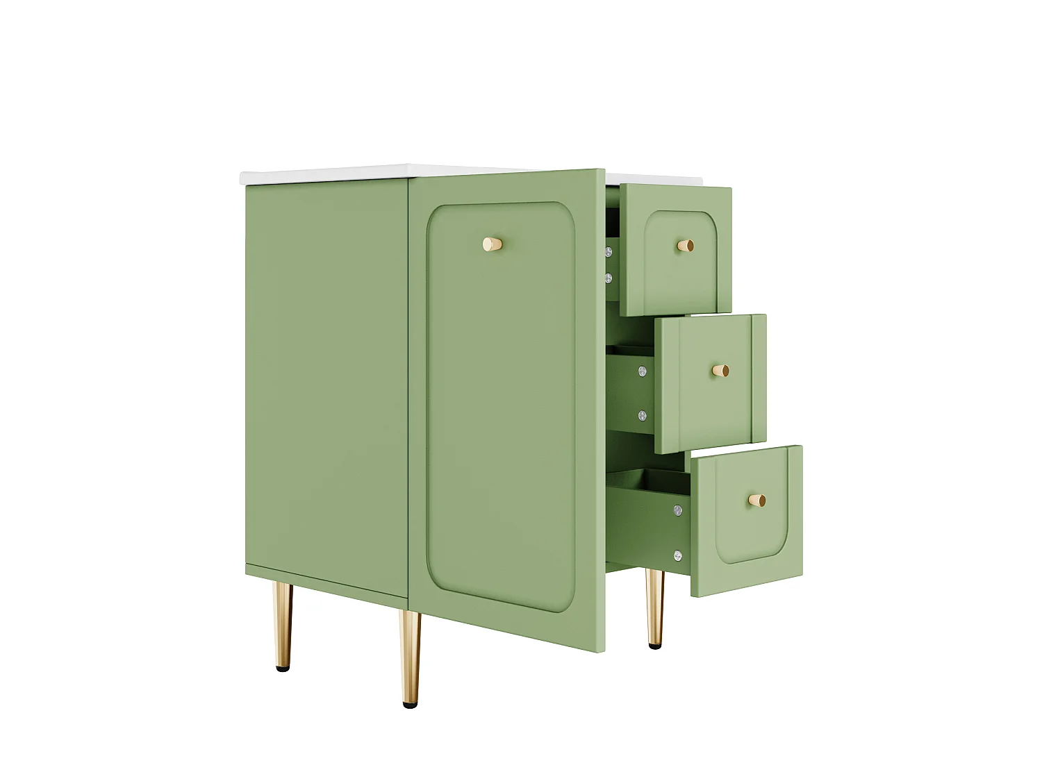 Bathroom cabinet with ceramic sink - Lacquered finish - 1 door and 2 drawers - Metal legs - MDF - Green