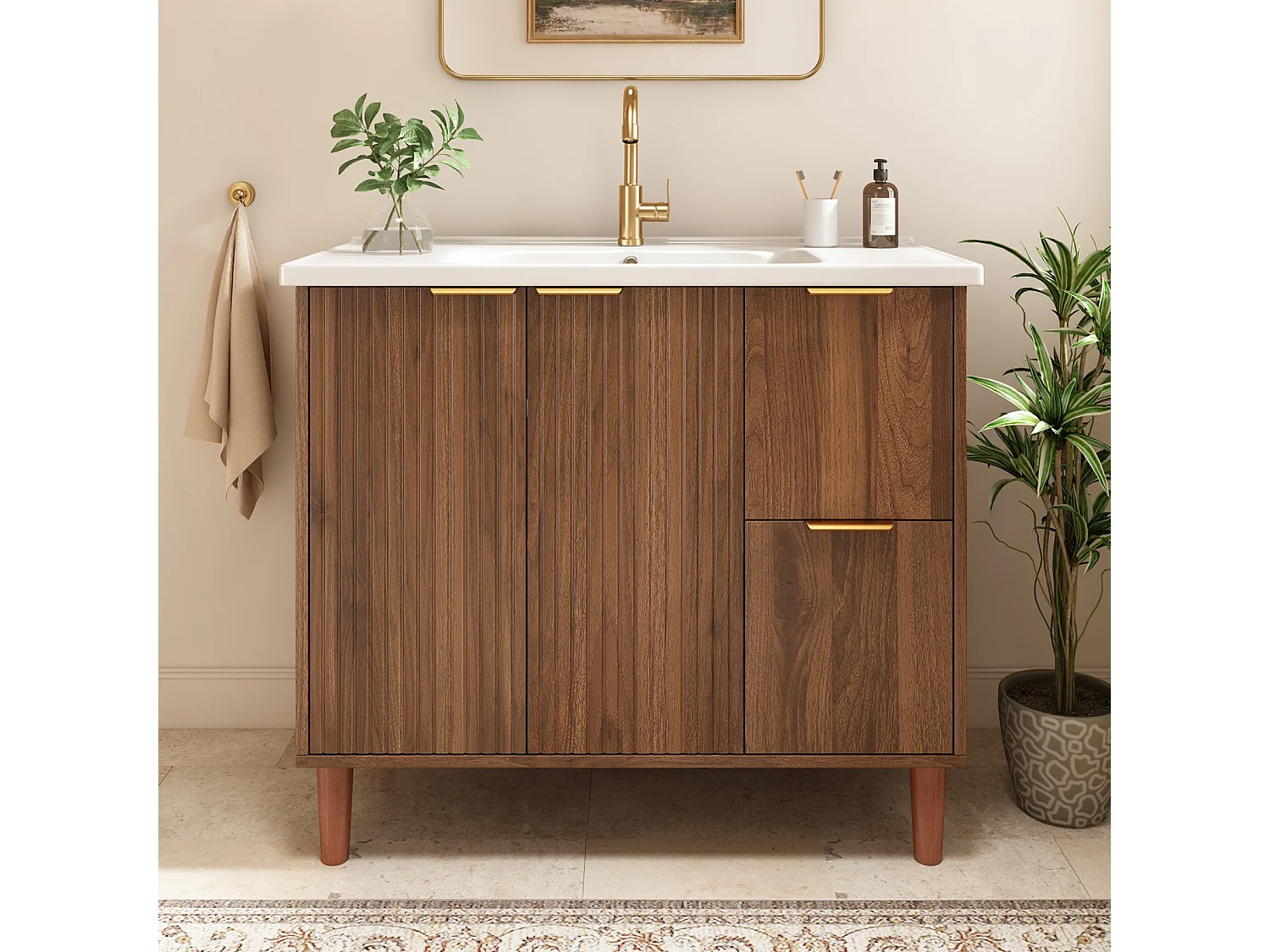 Mobile sottolavabo con piedini 91cm - Mobile bagno con lavabo in ceramica, frontali scanalati e cassetti - Noce