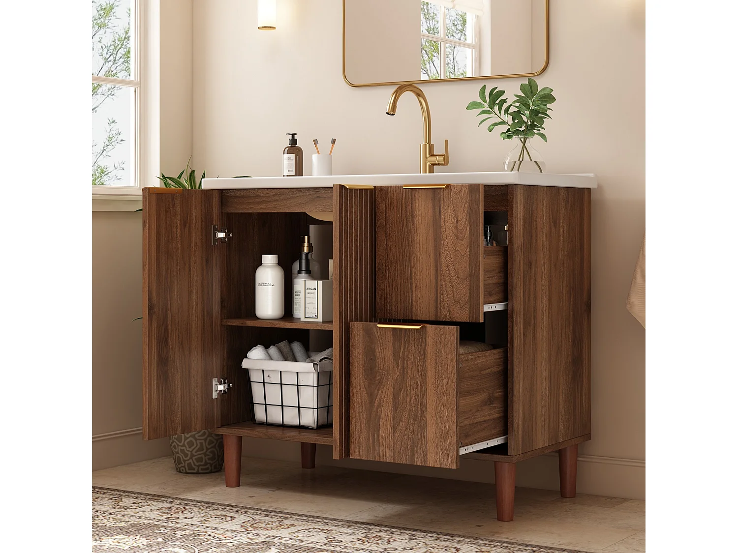 Mobile sottolavabo con piedini 91cm - Mobile bagno con lavabo in ceramica, frontali scanalati e cassetti - Noce