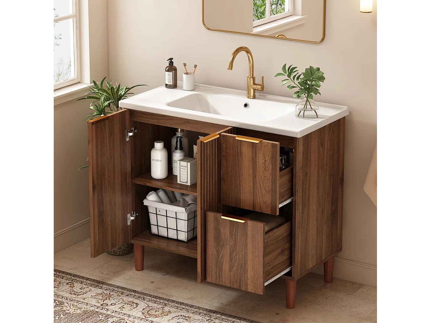 Mobile sottolavabo con piedini 91cm - Mobile bagno con lavabo in ceramica, frontali scanalati e cassetti - Noce