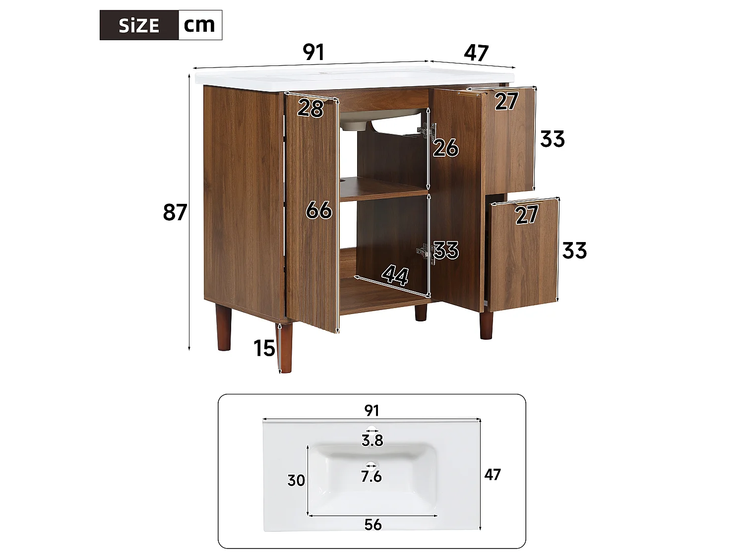 Mobile sottolavabo con piedini 91cm - Mobile bagno con lavabo in ceramica, frontali scanalati e cassetti - Noce