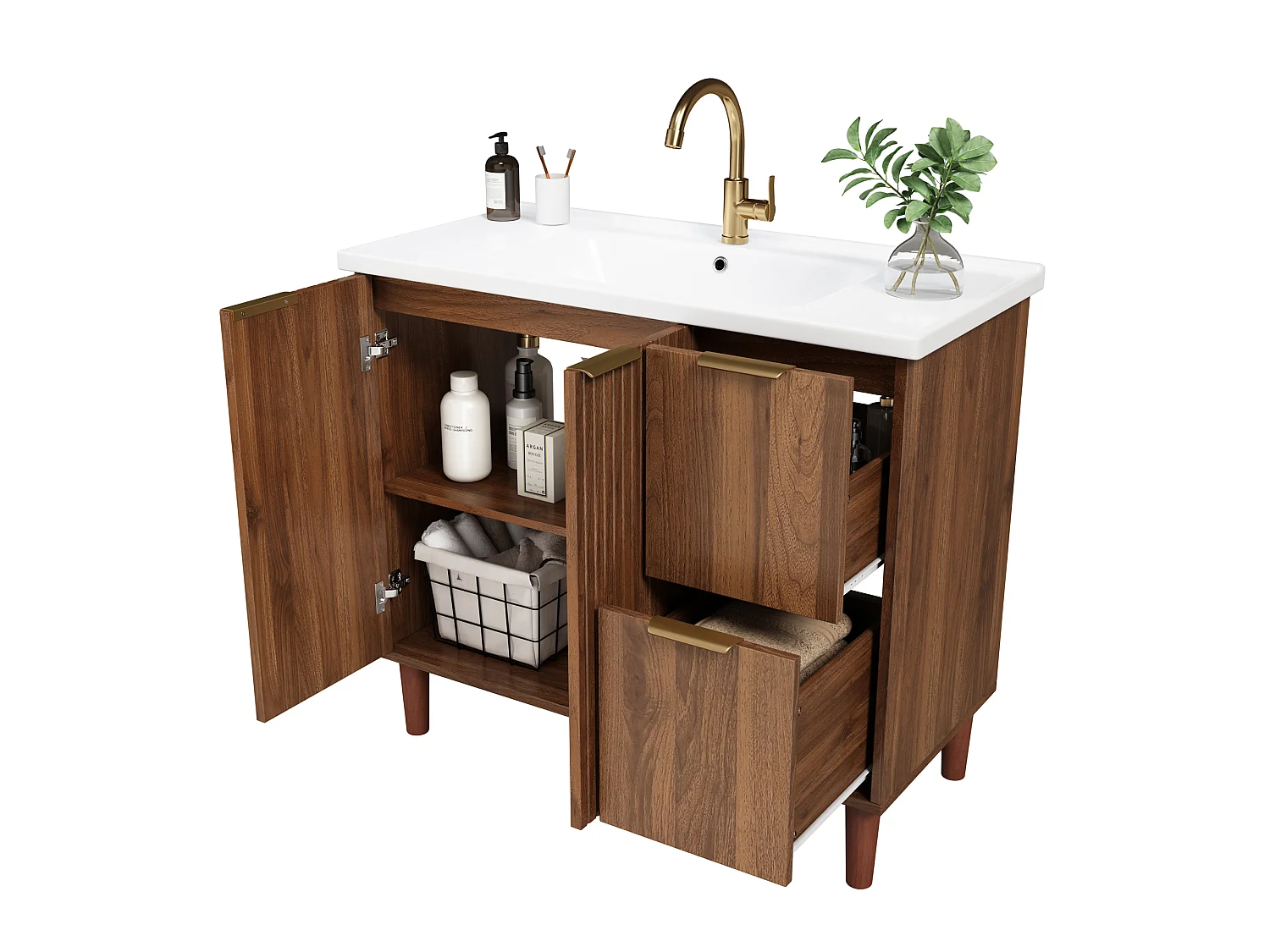 Mobile sottolavabo con piedini 91cm - Mobile bagno con lavabo in ceramica, frontali scanalati e cassetti - Noce