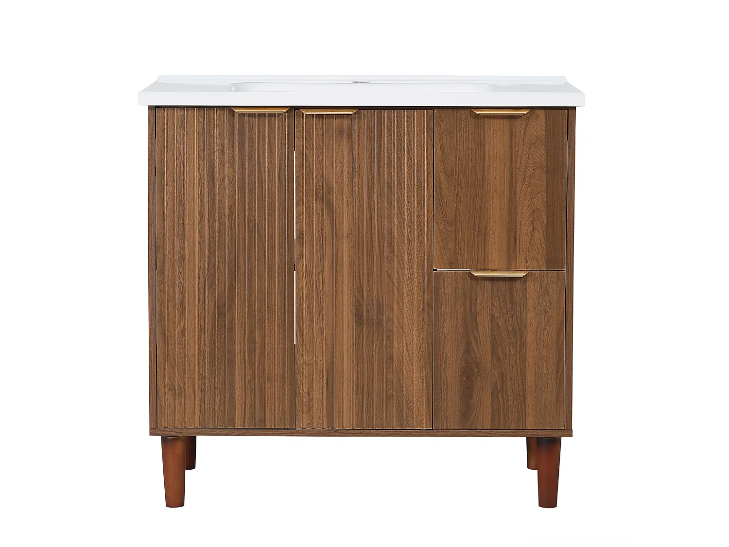 Mobile sottolavabo con piedini 91cm - Mobile bagno con lavabo in ceramica, frontali scanalati e cassetti - Noce