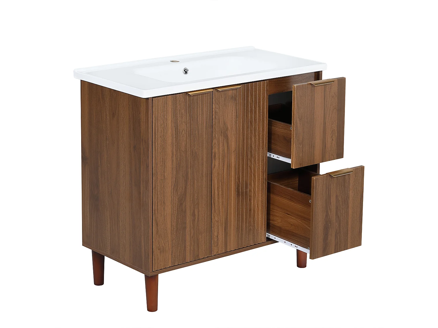 Mobile sottolavabo con piedini 91cm - Mobile bagno con lavabo in ceramica, frontali scanalati e cassetti - Noce