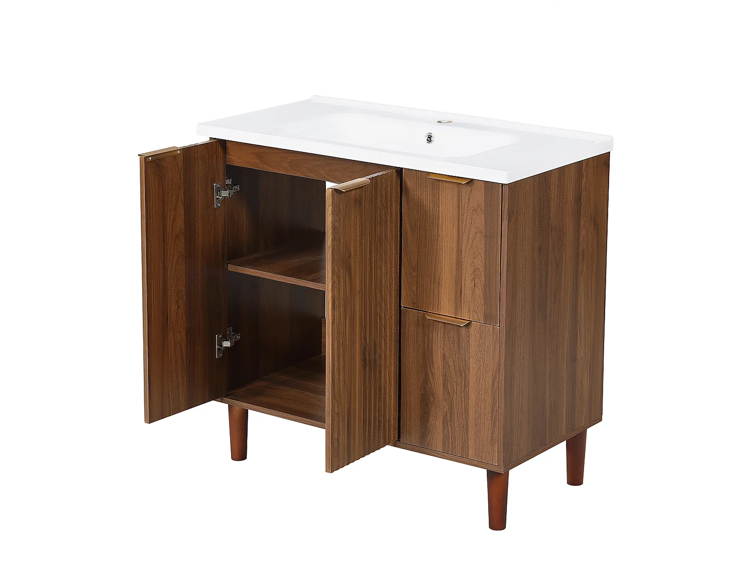 Mobile sottolavabo con piedini 91cm - Mobile bagno con lavabo in ceramica, frontali scanalati e cassetti - Noce