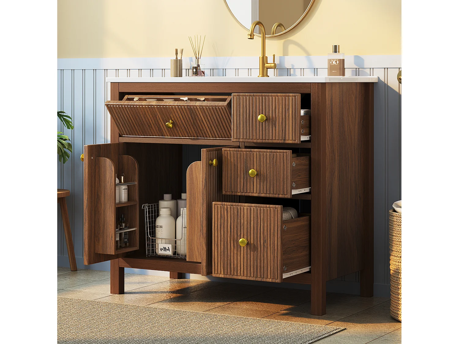 Mobile sottolavabo con piedini 91cm - Mobile bagno con lavabo in ceramica, frontali scanalati 3D e cassetti multi-zona - Marrone
