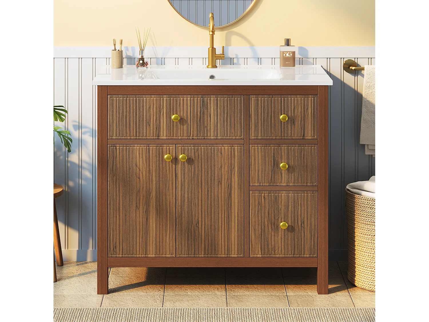 Mobile sottolavabo con piedini 91cm - Mobile bagno con lavabo in ceramica, frontali scanalati 3D e cassetti multi-zona - Marrone