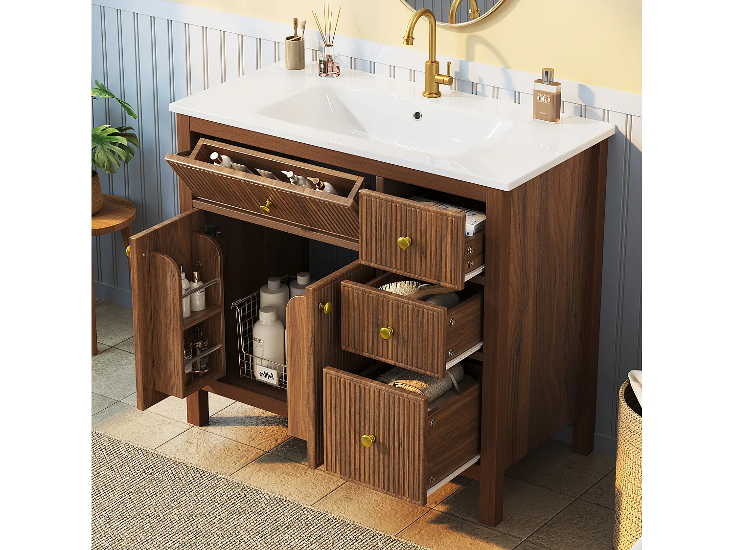 Mobile sottolavabo con piedini 91cm - Mobile bagno con lavabo in ceramica, frontali scanalati 3D e cassetti multi-zona - Marrone