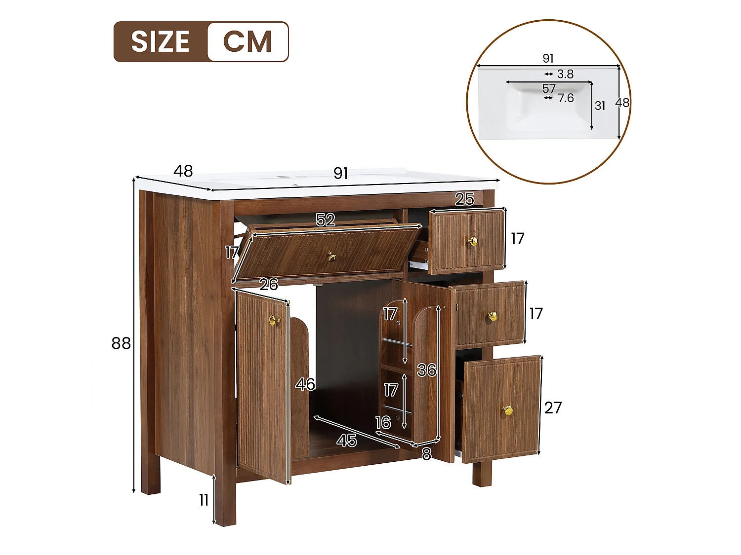 Mobile sottolavabo con piedini 91cm - Mobile bagno con lavabo in ceramica, frontali scanalati 3D e cassetti multi-zona - Marrone
