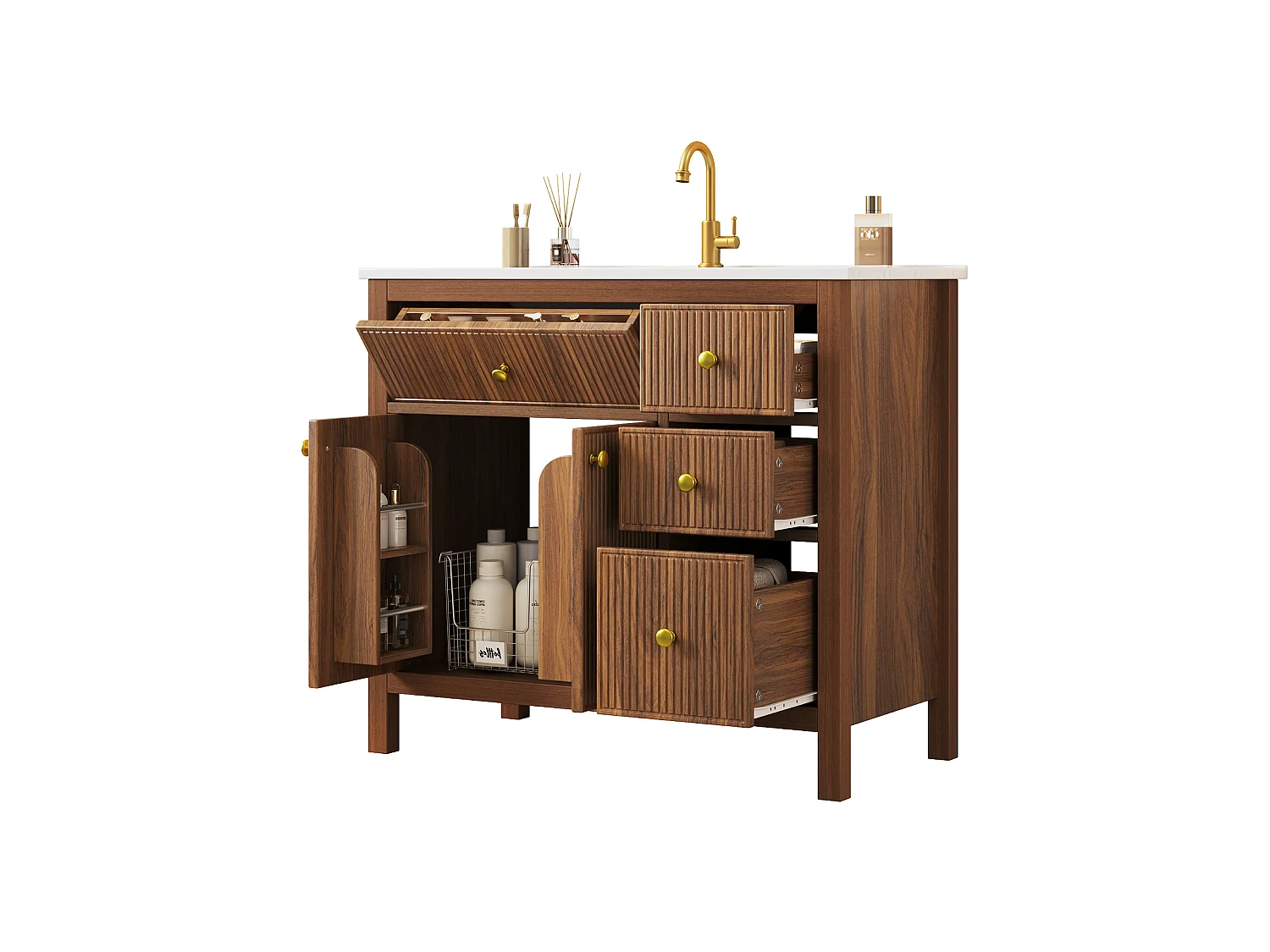 Mobile sottolavabo con piedini 91cm - Mobile bagno con lavabo in ceramica, frontali scanalati 3D e cassetti multi-zona - Marrone