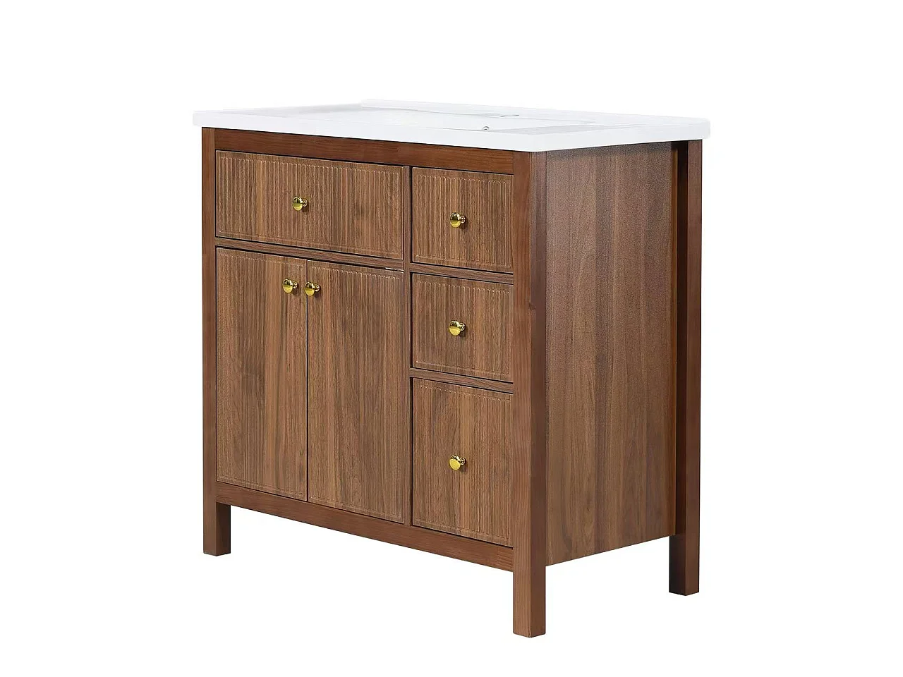 Mobile sottolavabo con piedini 91cm - Mobile bagno con lavabo in ceramica, frontali scanalati 3D e cassetti multi-zona - Marrone