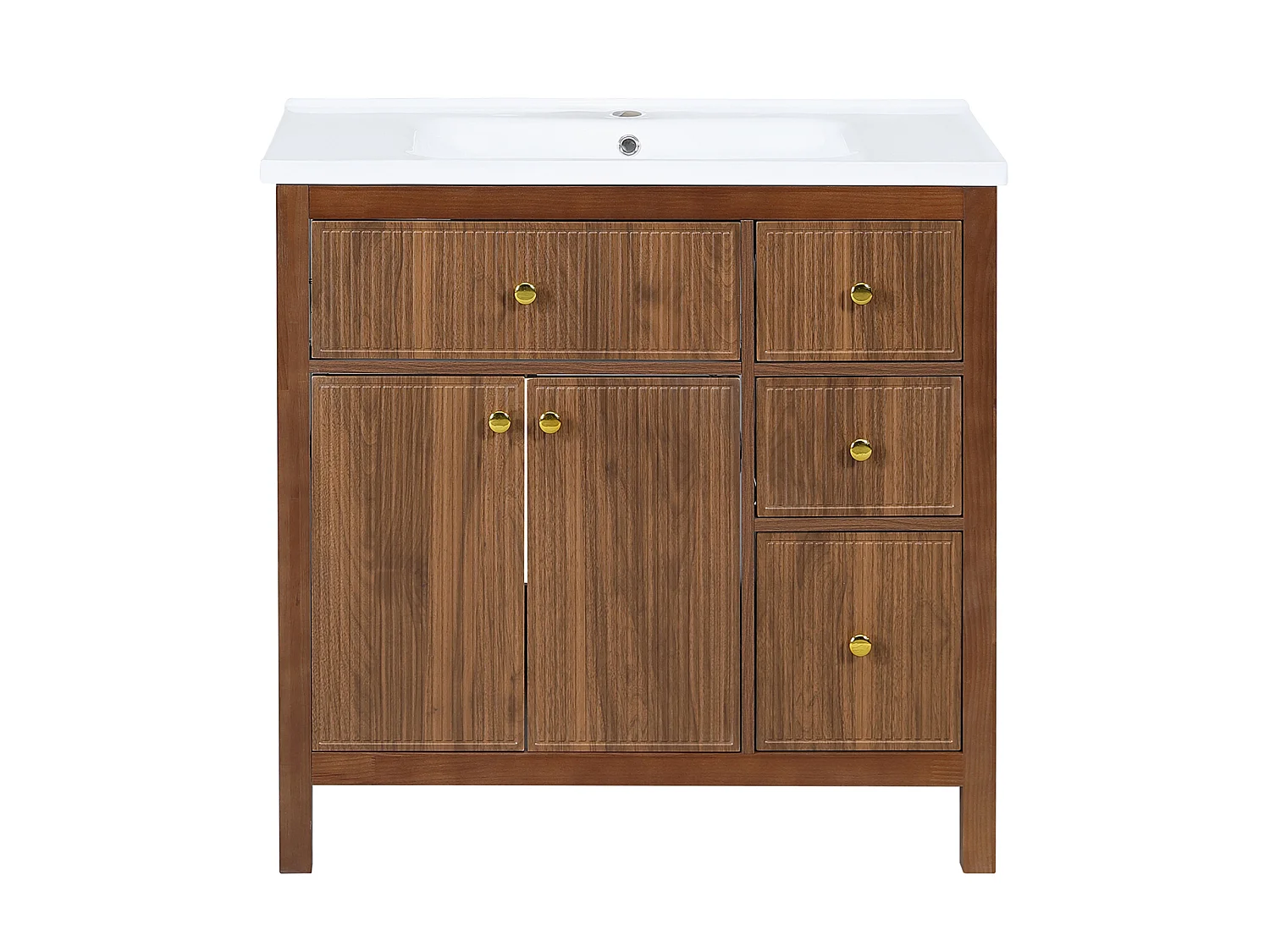 Mobile sottolavabo con piedini 91cm - Mobile bagno con lavabo in ceramica, frontali scanalati 3D e cassetti multi-zona - Marrone