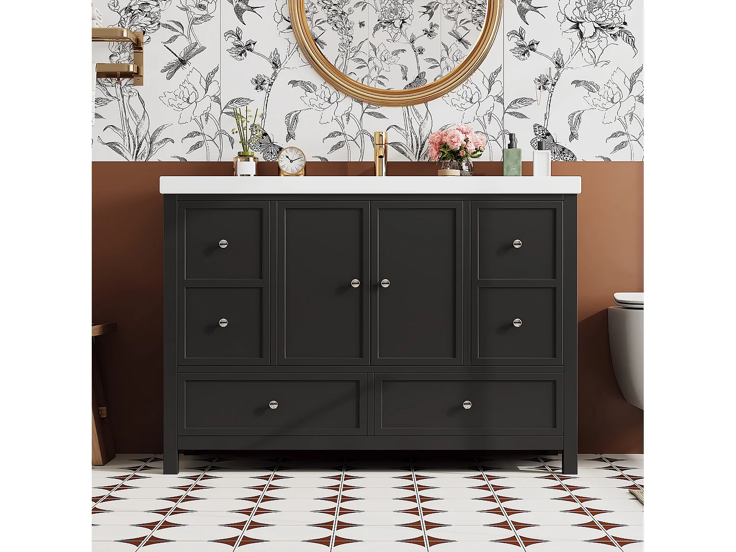 Bathroom vanity with ceramic sink - with 4 drawers and 2 doors - Lacquered finish - Black (Faucet not included)