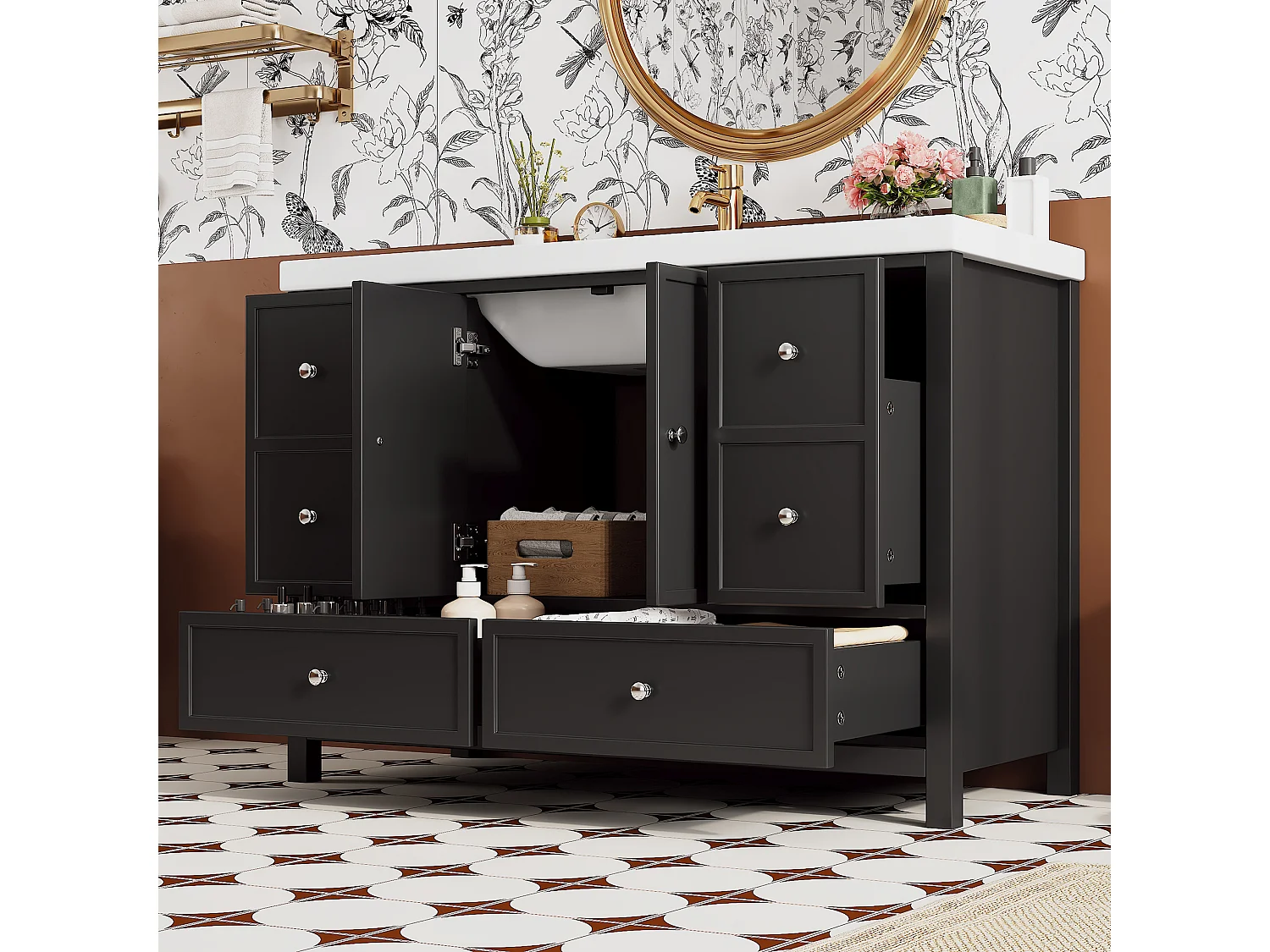Bathroom vanity with ceramic sink - with 4 drawers and 2 doors - Lacquered finish - Black (Faucet not included)