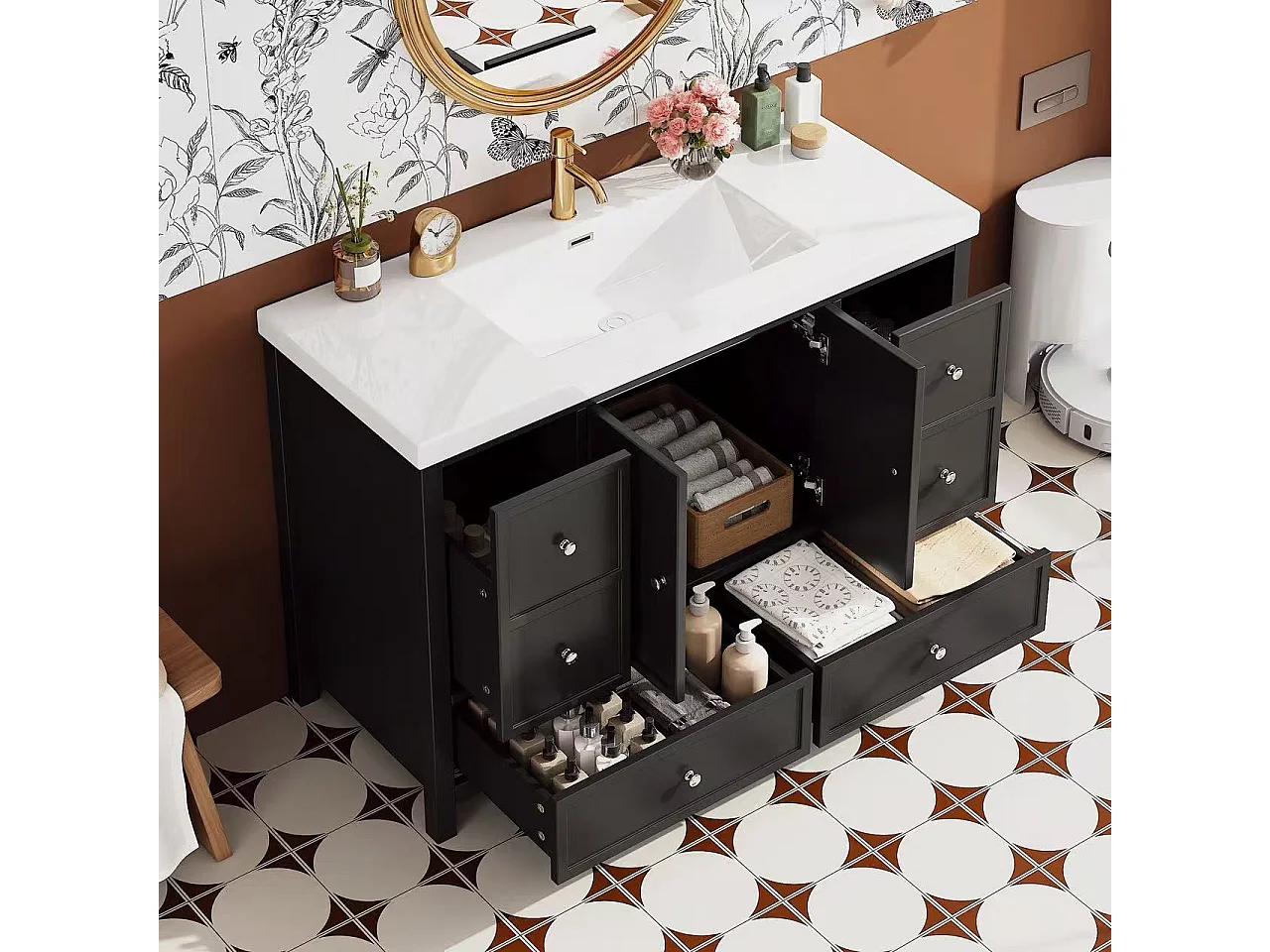 Bathroom vanity with ceramic sink - with 4 drawers and 2 doors - Lacquered finish - Black (Faucet not included)