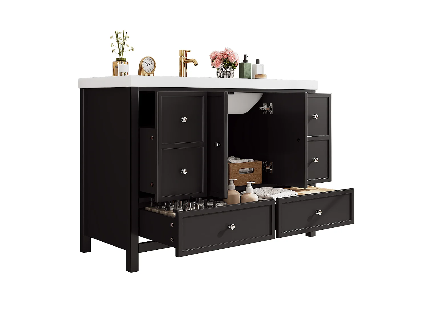 Bathroom vanity with ceramic sink - with 4 drawers and 2 doors - Lacquered finish - Black (Faucet not included)