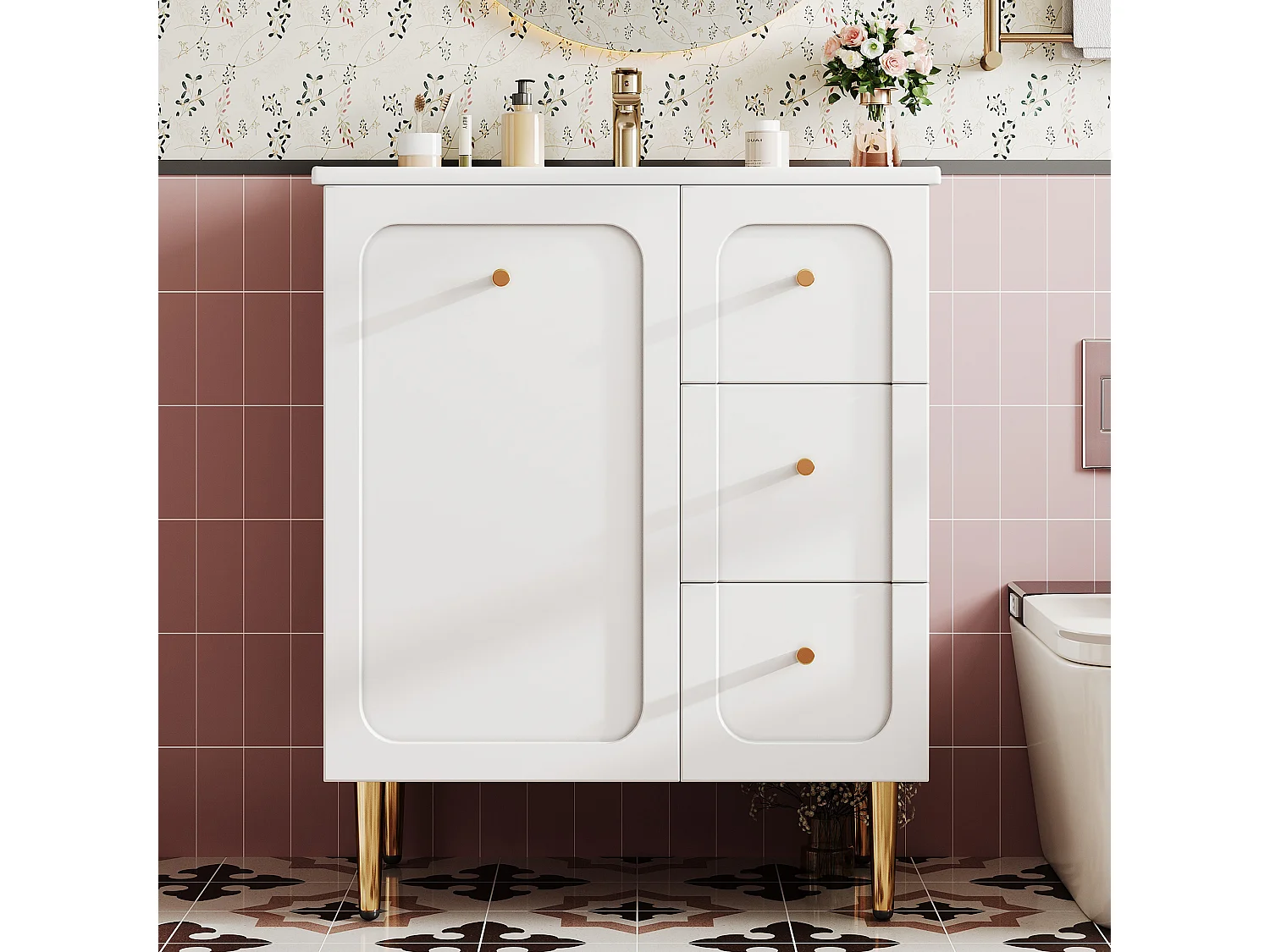 Bathroom cabinet with ceramic sink - Lacquered finish - 1 door and 2 drawers - Metal legs - MDF - White