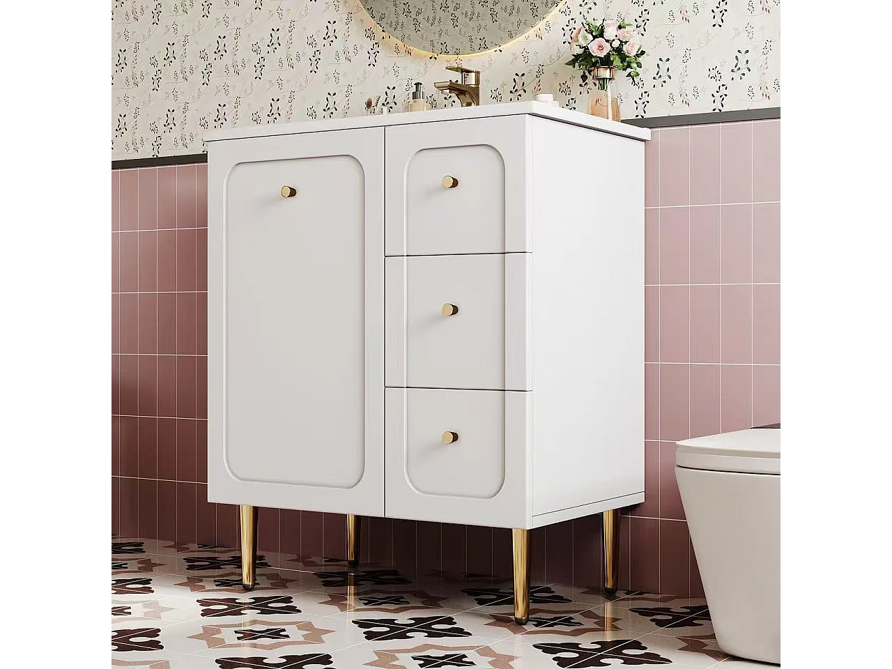 Bathroom cabinet with ceramic sink - Lacquered finish - 1 door and 2 drawers - Metal legs - MDF - White