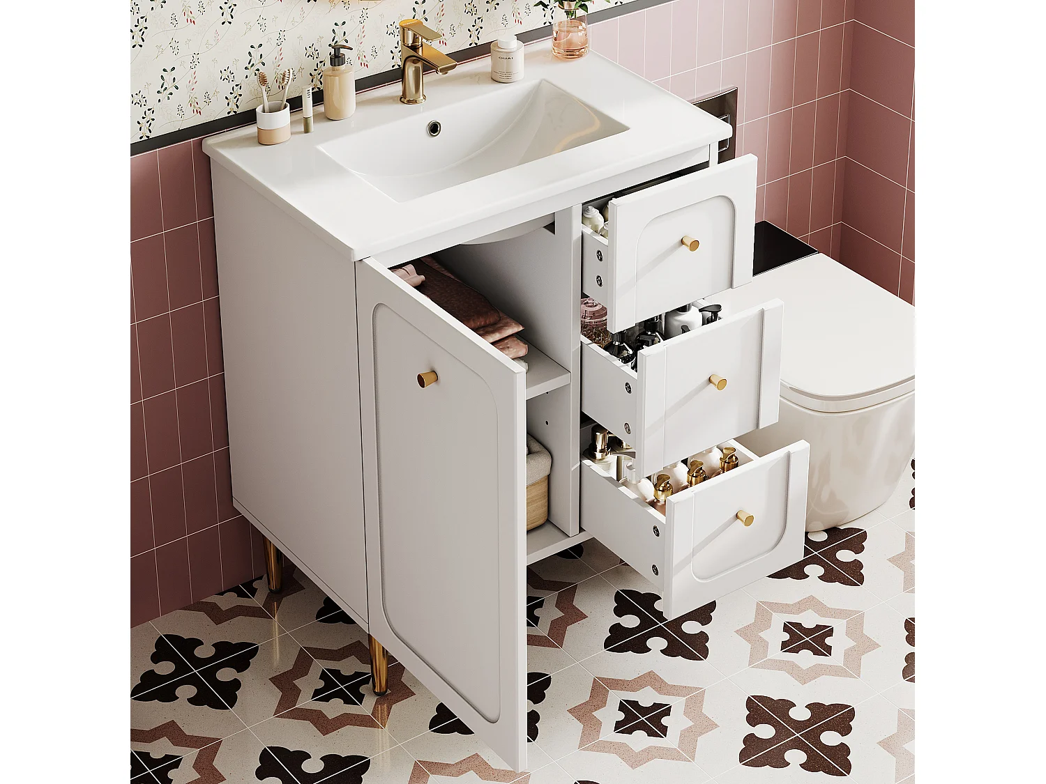 Bathroom cabinet with ceramic sink - Lacquered finish - 1 door and 2 drawers - Metal legs - MDF - White