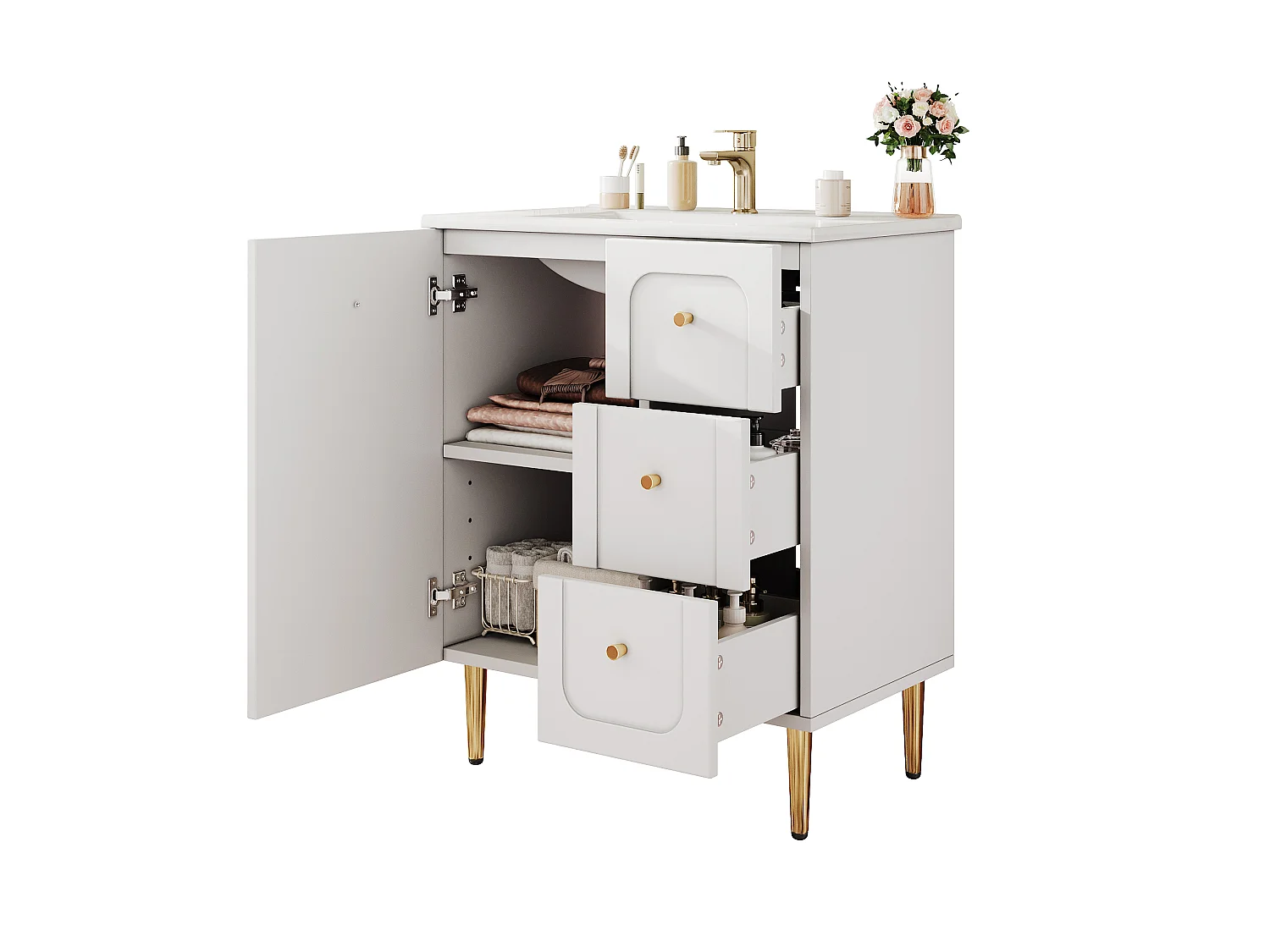 Bathroom cabinet with ceramic sink - Lacquered finish - 1 door and 2 drawers - Metal legs - MDF - White
