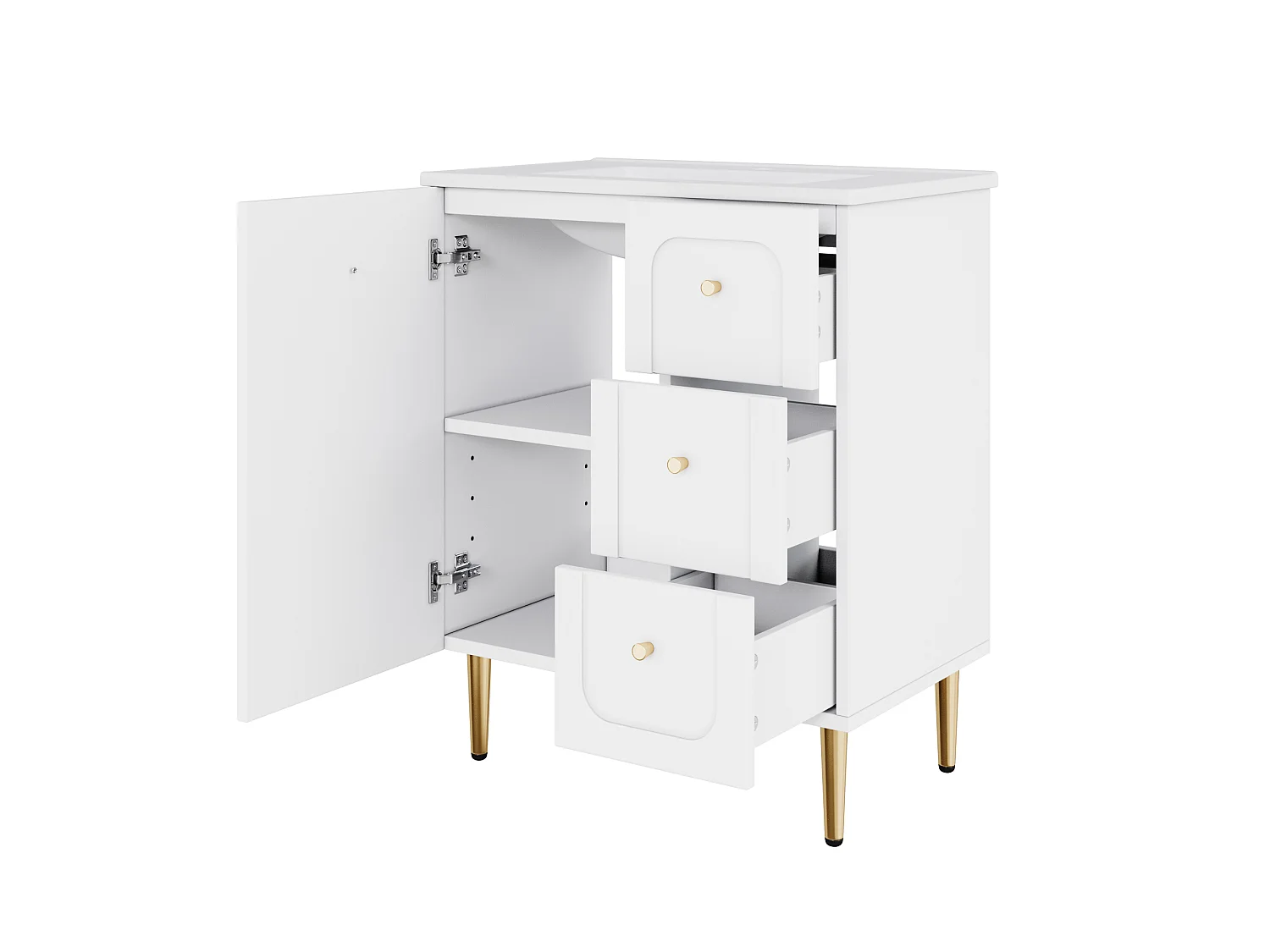 Bathroom cabinet with ceramic sink - Lacquered finish - 1 door and 2 drawers - Metal legs - MDF - White