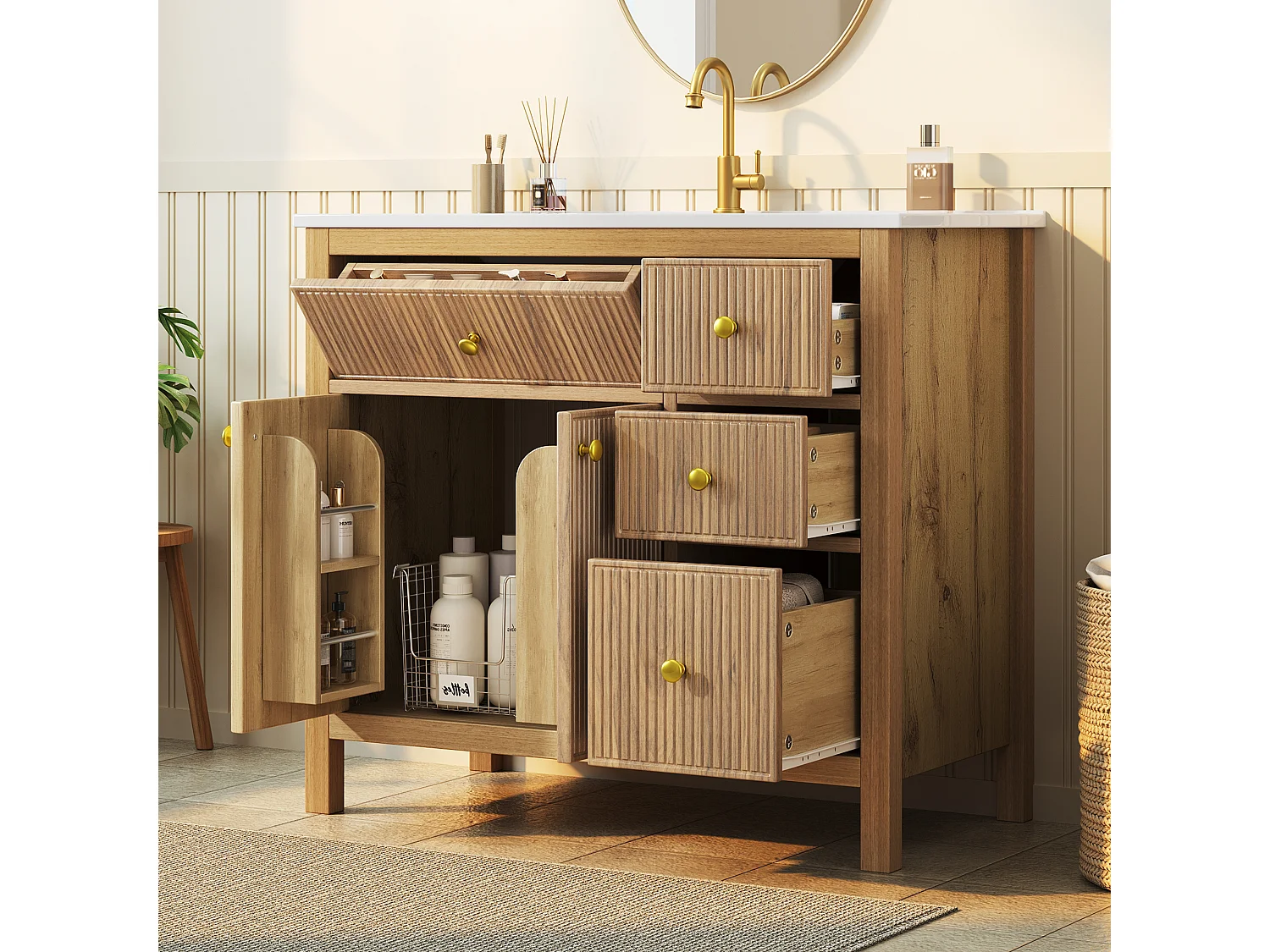Unterschrank mit Standfuß 91cm - Badezimmerschrank mit Keramikwaschbecken, 3D-geriffelte Fronten & Multi-Zonen-Schubladen - Natur