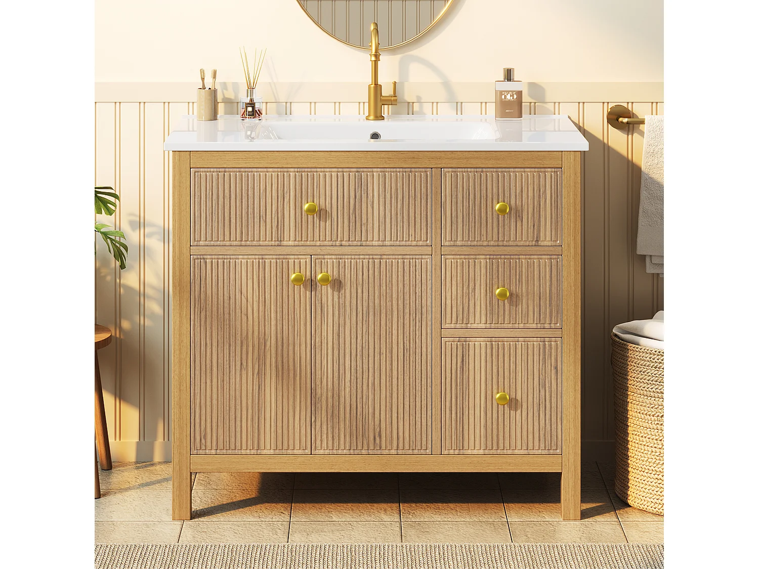 Unterschrank mit Standfuß 91cm - Badezimmerschrank mit Keramikwaschbecken, 3D-geriffelte Fronten & Multi-Zonen-Schubladen - Natur