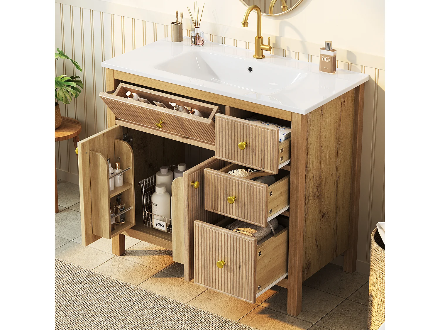 Unterschrank mit Standfuß 91cm - Badezimmerschrank mit Keramikwaschbecken, 3D-geriffelte Fronten & Multi-Zonen-Schubladen - Natur
