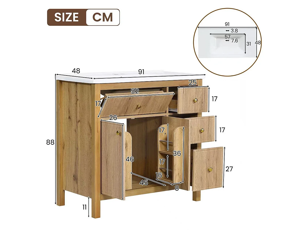 Unterschrank mit Standfuß 91cm - Badezimmerschrank mit Keramikwaschbecken, 3D-geriffelte Fronten & Multi-Zonen-Schubladen - Natur