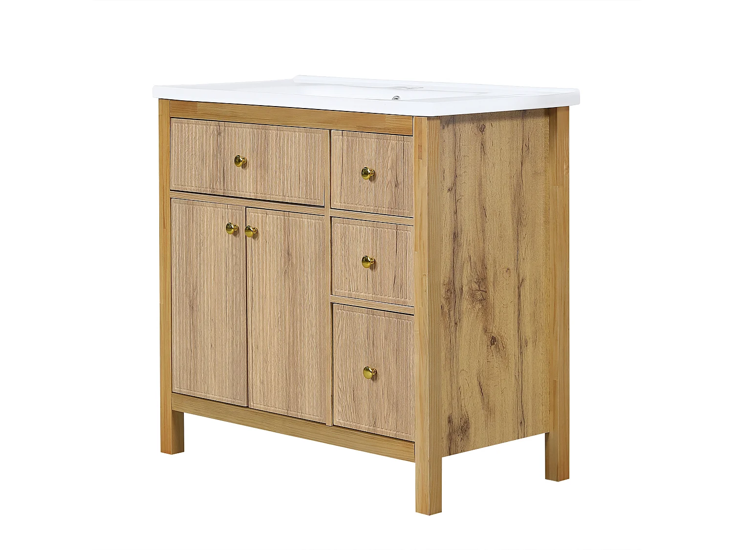 Unterschrank mit Standfuß 91cm - Badezimmerschrank mit Keramikwaschbecken, 3D-geriffelte Fronten & Multi-Zonen-Schubladen - Natur