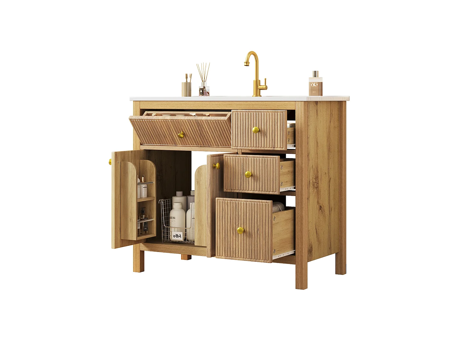 Unterschrank mit Standfuß 91cm - Badezimmerschrank mit Keramikwaschbecken, 3D-geriffelte Fronten & Multi-Zonen-Schubladen - Natur