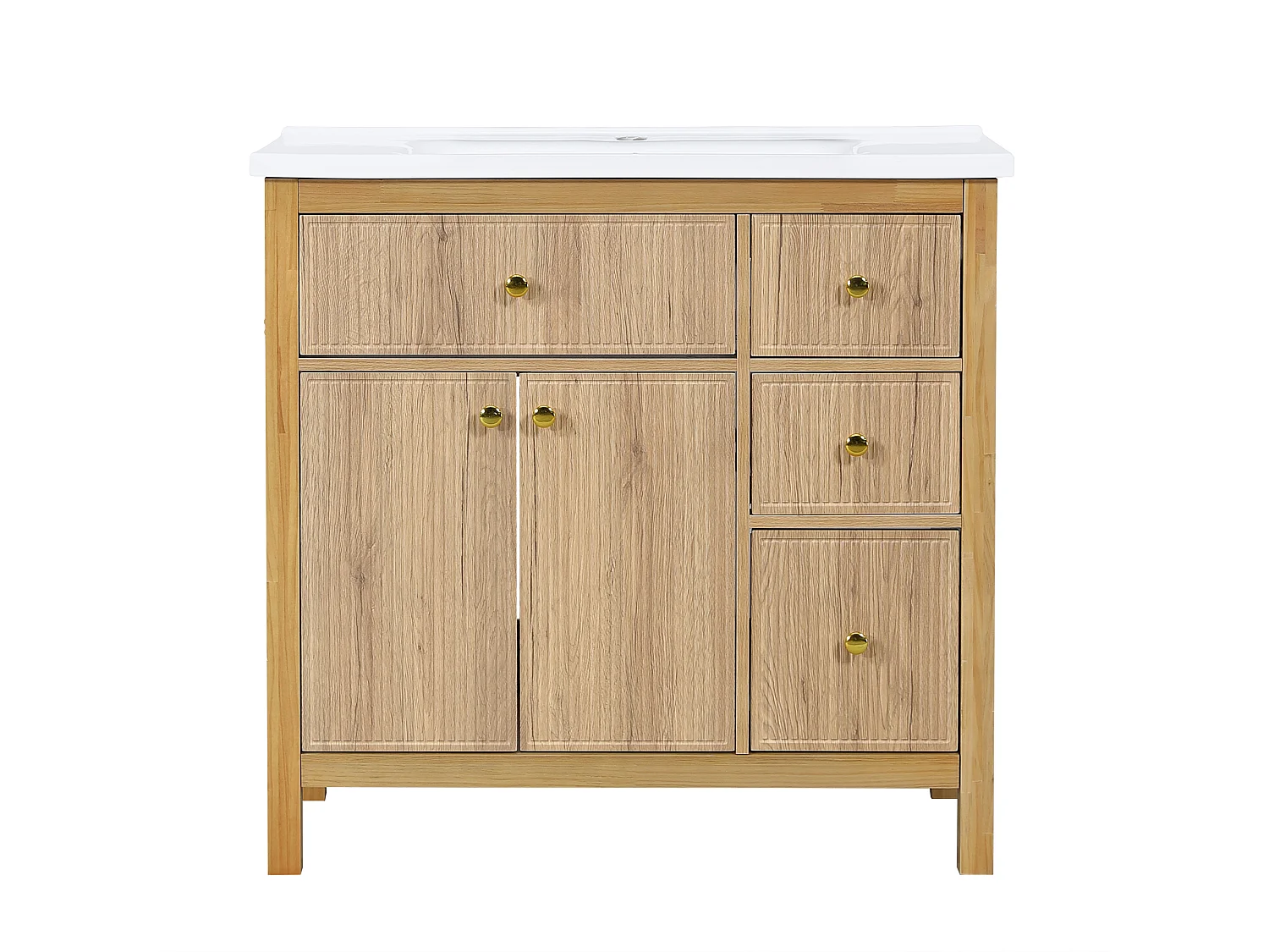 Unterschrank mit Standfuß 91cm - Badezimmerschrank mit Keramikwaschbecken, 3D-geriffelte Fronten & Multi-Zonen-Schubladen - Natur