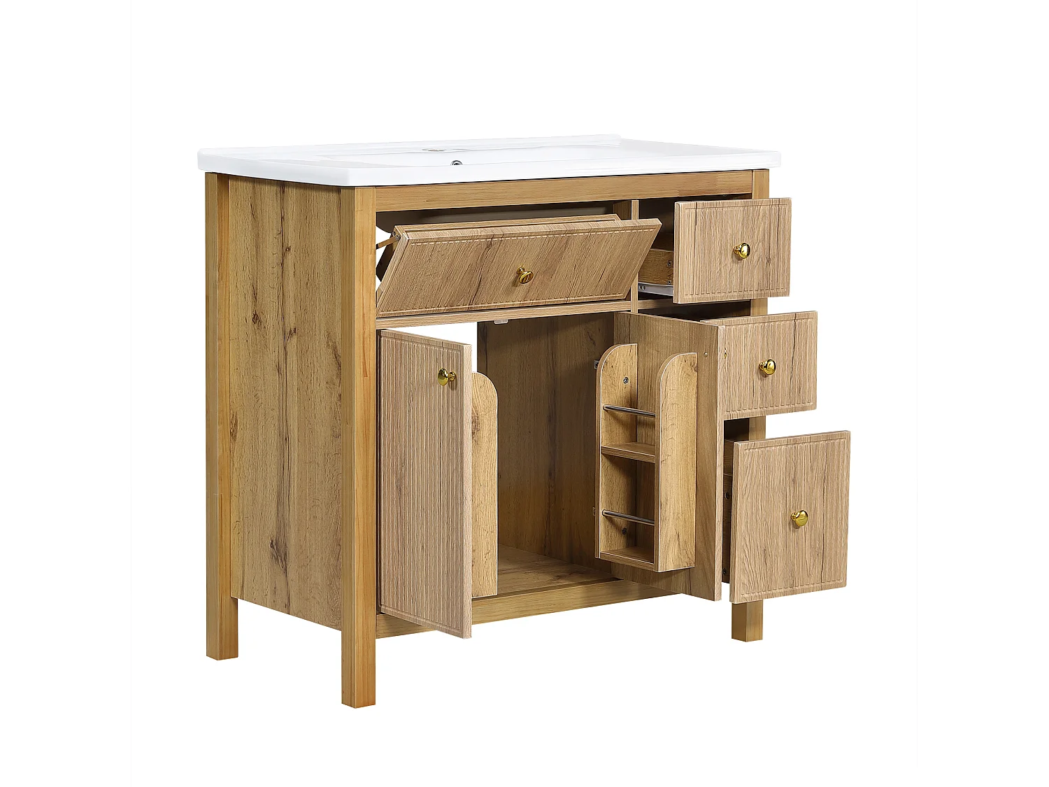 Unterschrank mit Standfuß 91cm - Badezimmerschrank mit Keramikwaschbecken, 3D-geriffelte Fronten & Multi-Zonen-Schubladen - Natur