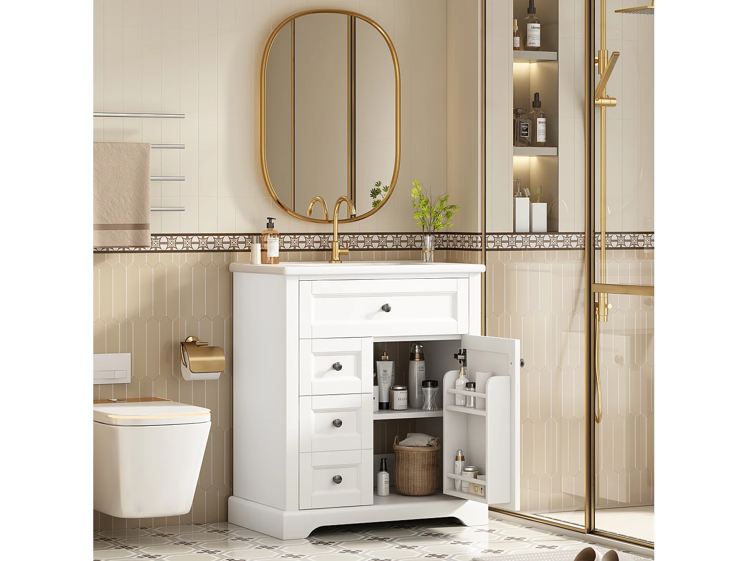 Meuble de salle de bain avec vasque en céramique - avec 3 tiroirs et 1 portes - finition résistante à l'humidité - Noir (Robinet non inclus)