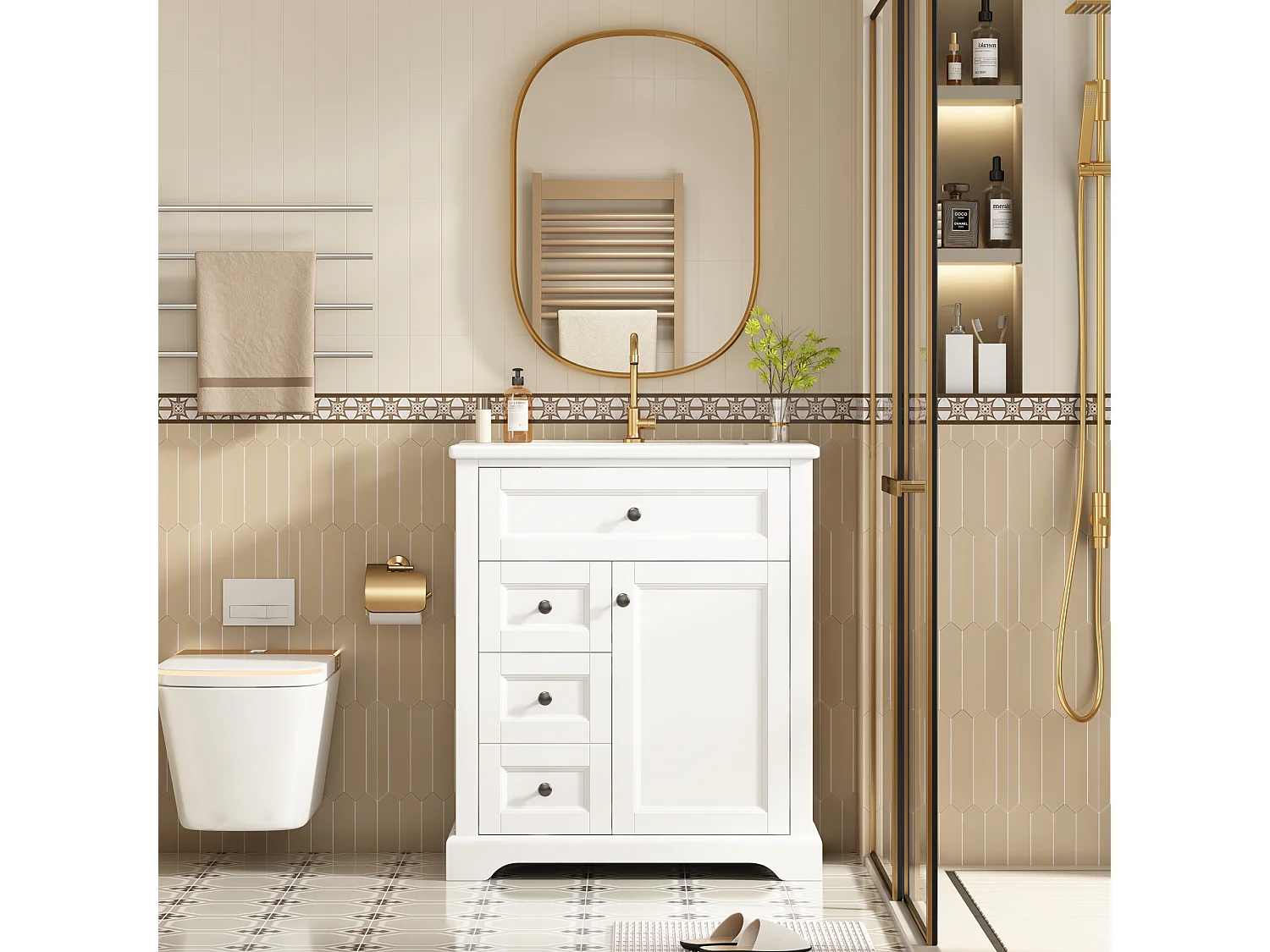 Meuble de salle de bain avec vasque en céramique - avec 3 tiroirs et 1 portes - finition résistante à l'humidité - Noir (Robinet non inclus)