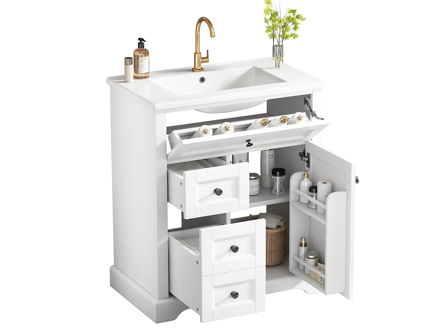 Meuble de salle de bain avec vasque en céramique - avec 3 tiroirs et 1 portes - finition résistante à l'humidité - Noir (Robinet non inclus)