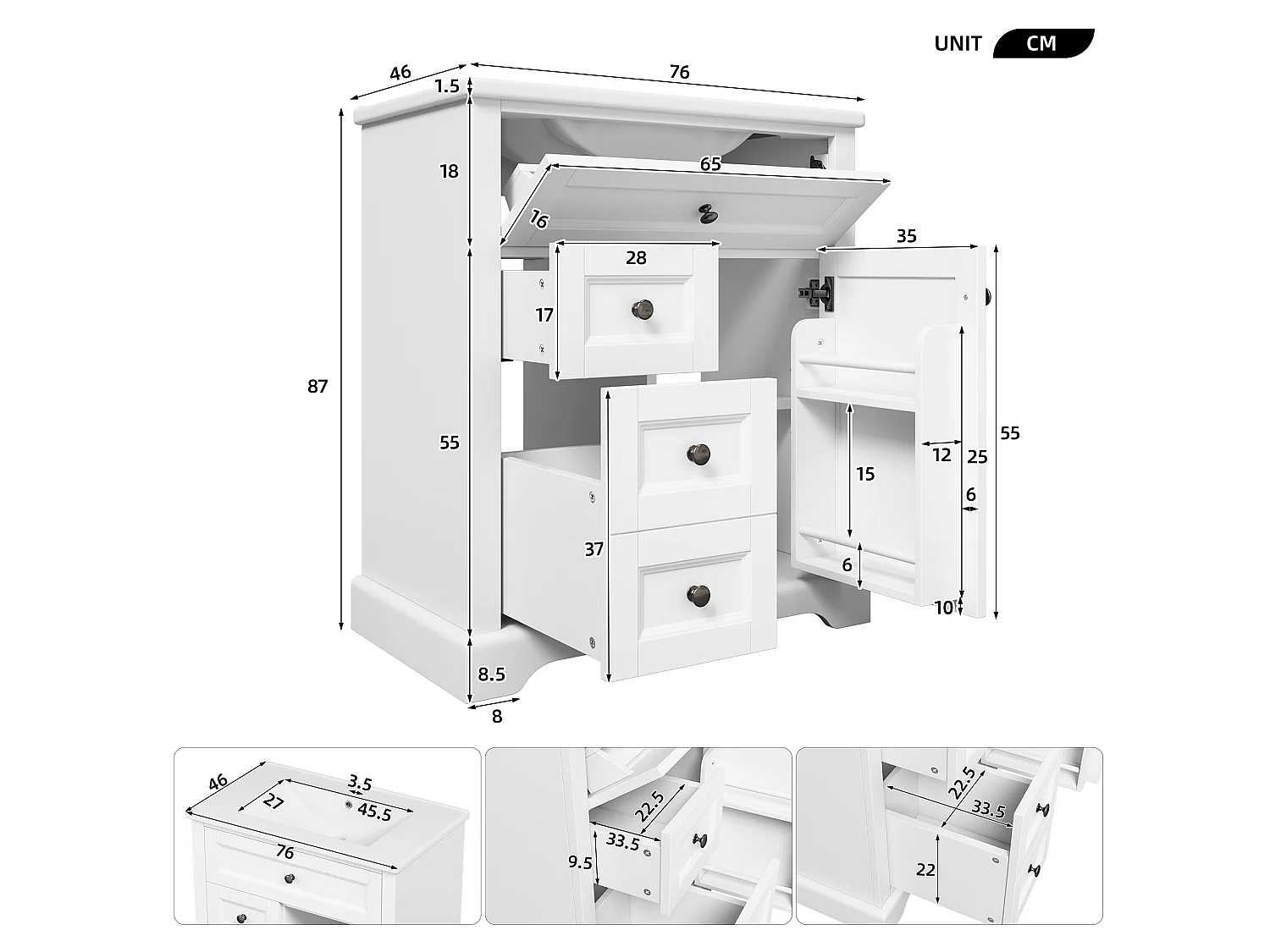 Meuble de salle de bain avec vasque en céramique - avec 3 tiroirs et 1 portes - finition résistante à l'humidité - Noir (Robinet non inclus)