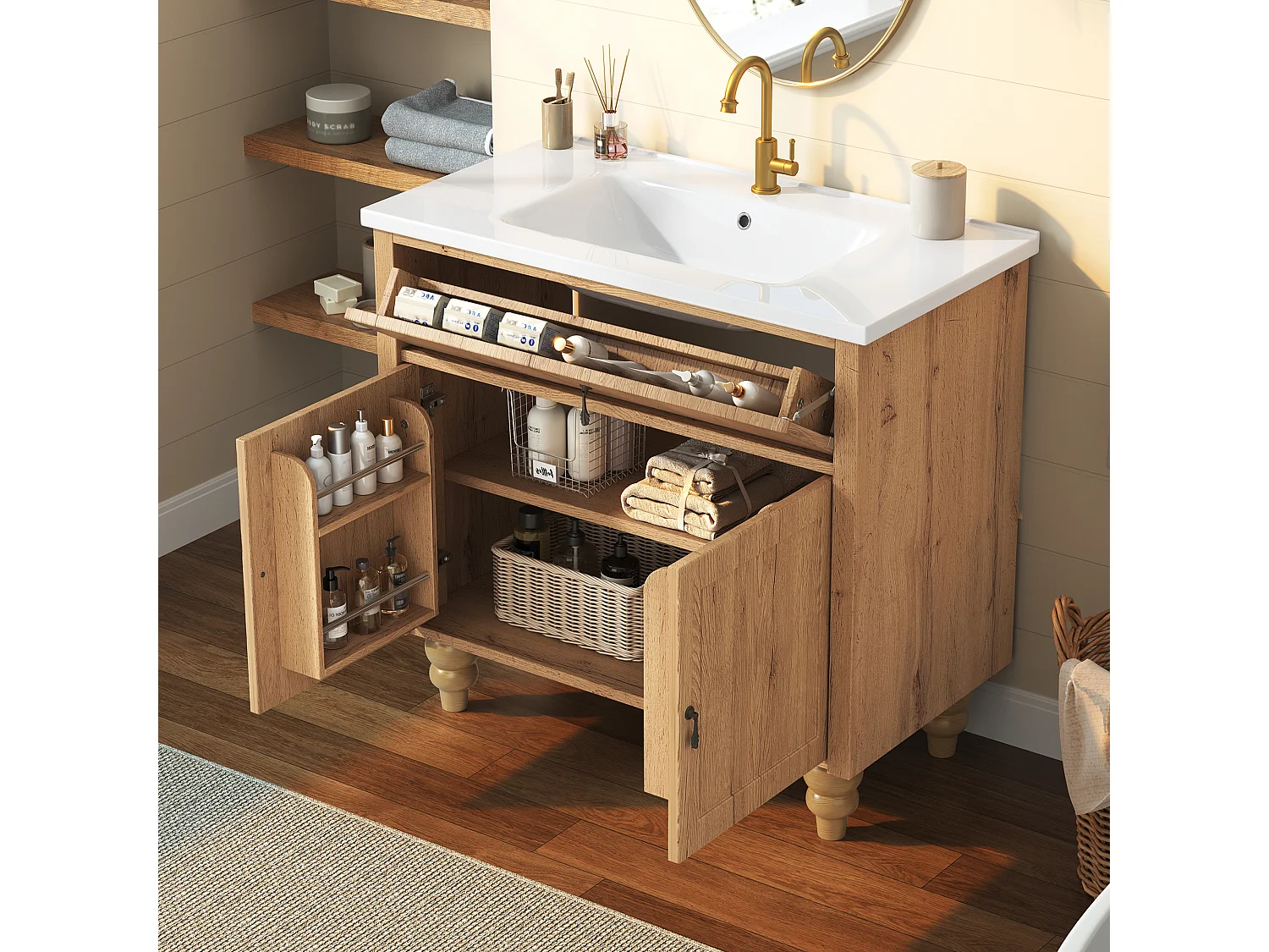 Meuble Sous-Vasque sur Pied 81cm - Meuble de Salle de Bain avec Vasque en Céramique, Tiroir Basculant & Poignées Rétro - Naturel