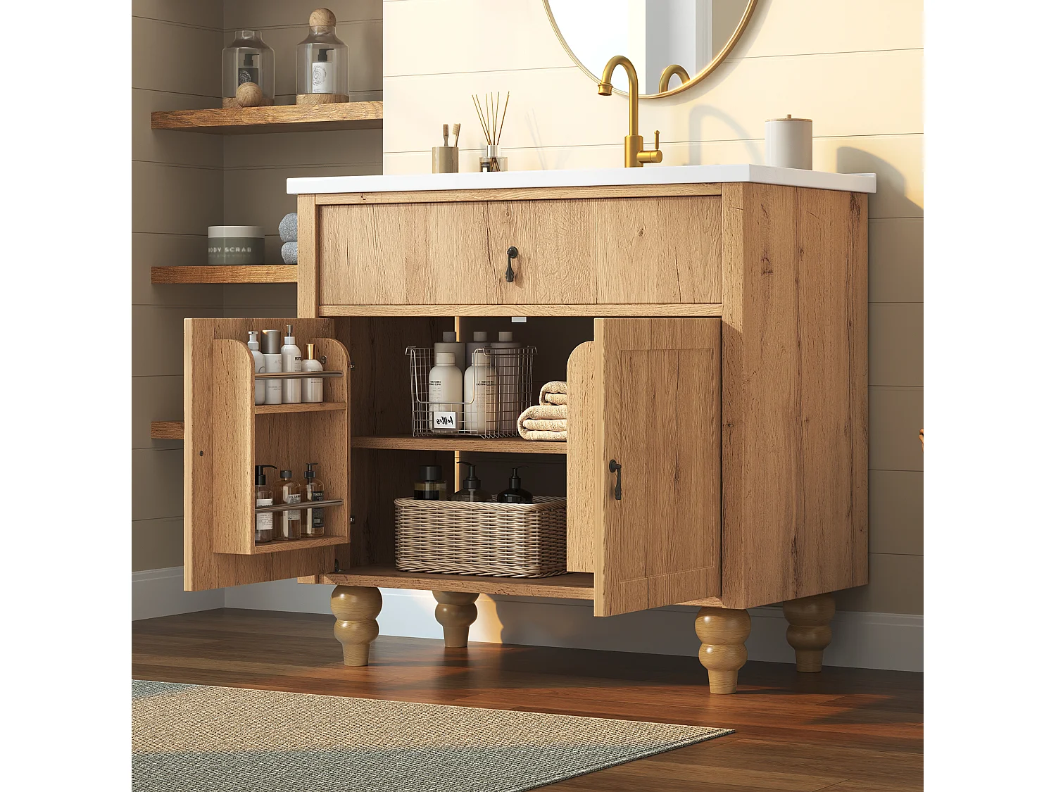 Meuble Sous-Vasque sur Pied 81cm - Meuble de Salle de Bain avec Vasque en Céramique, Tiroir Basculant & Poignées Rétro - Naturel
