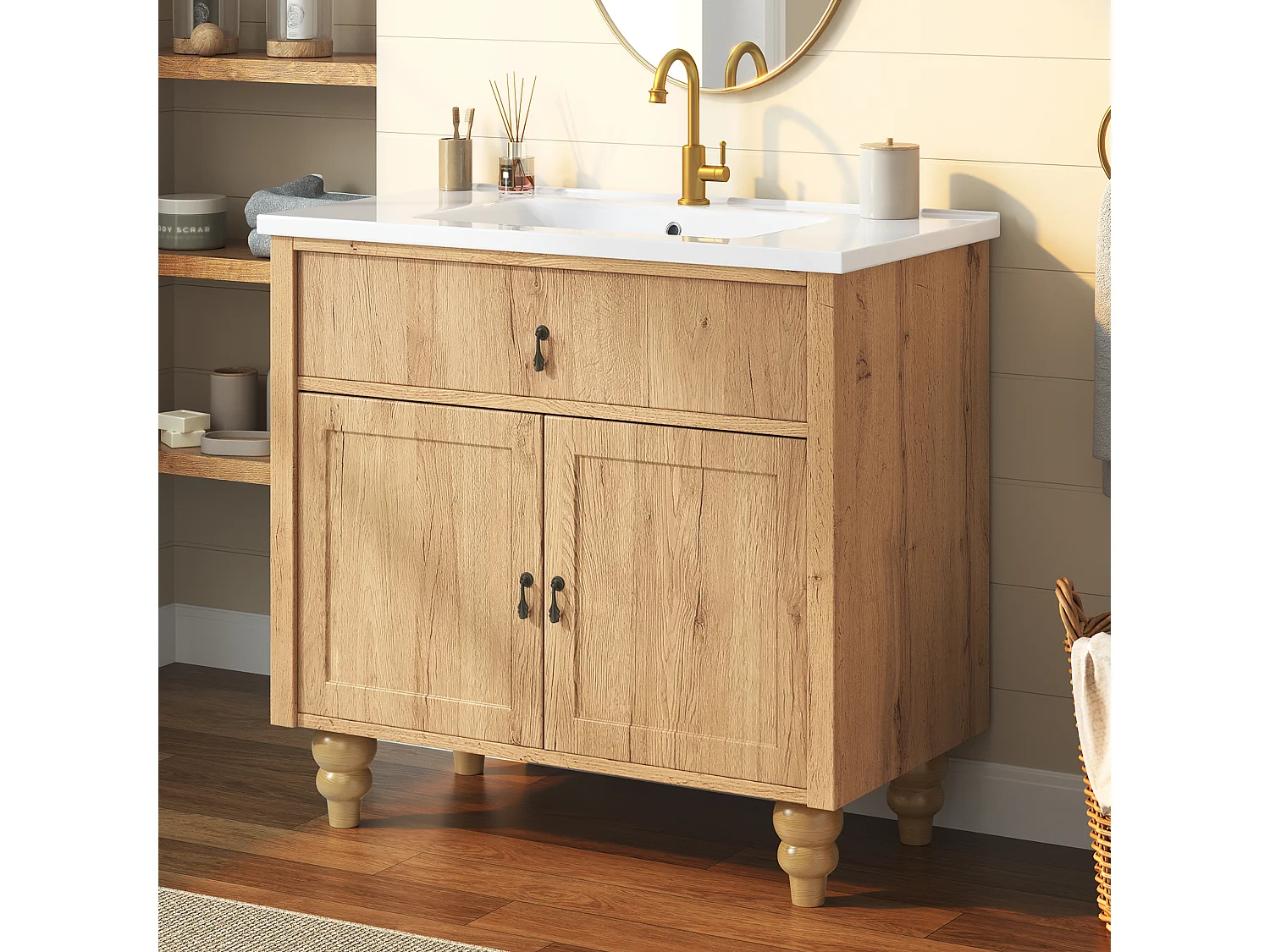 Meuble Sous-Vasque sur Pied 81cm - Meuble de Salle de Bain avec Vasque en Céramique, Tiroir Basculant & Poignées Rétro - Naturel