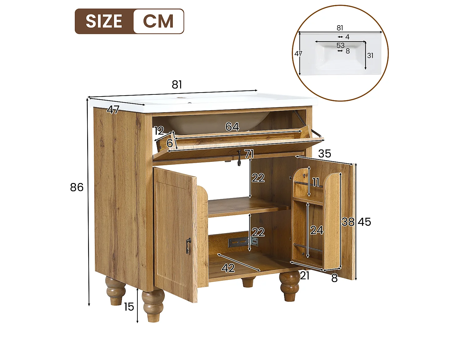 Meuble Sous-Vasque sur Pied 81cm - Meuble de Salle de Bain avec Vasque en Céramique, Tiroir Basculant & Poignées Rétro - Naturel