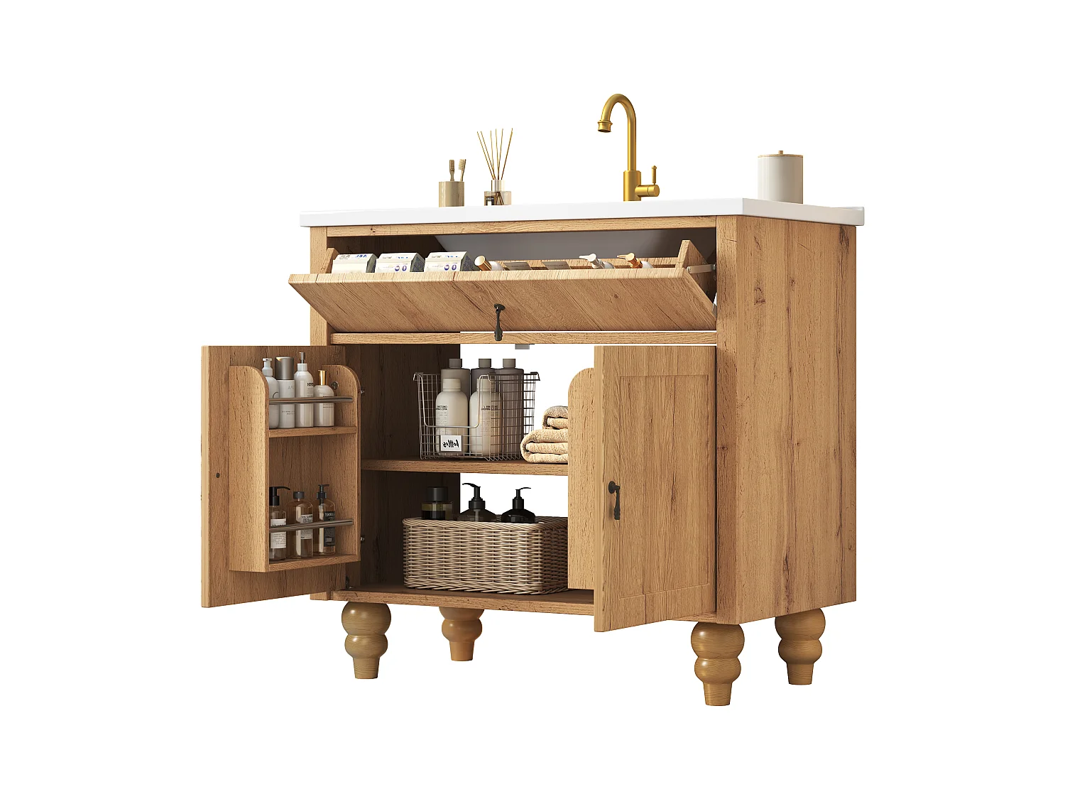 Meuble Sous-Vasque sur Pied 81cm - Meuble de Salle de Bain avec Vasque en Céramique, Tiroir Basculant & Poignées Rétro - Naturel