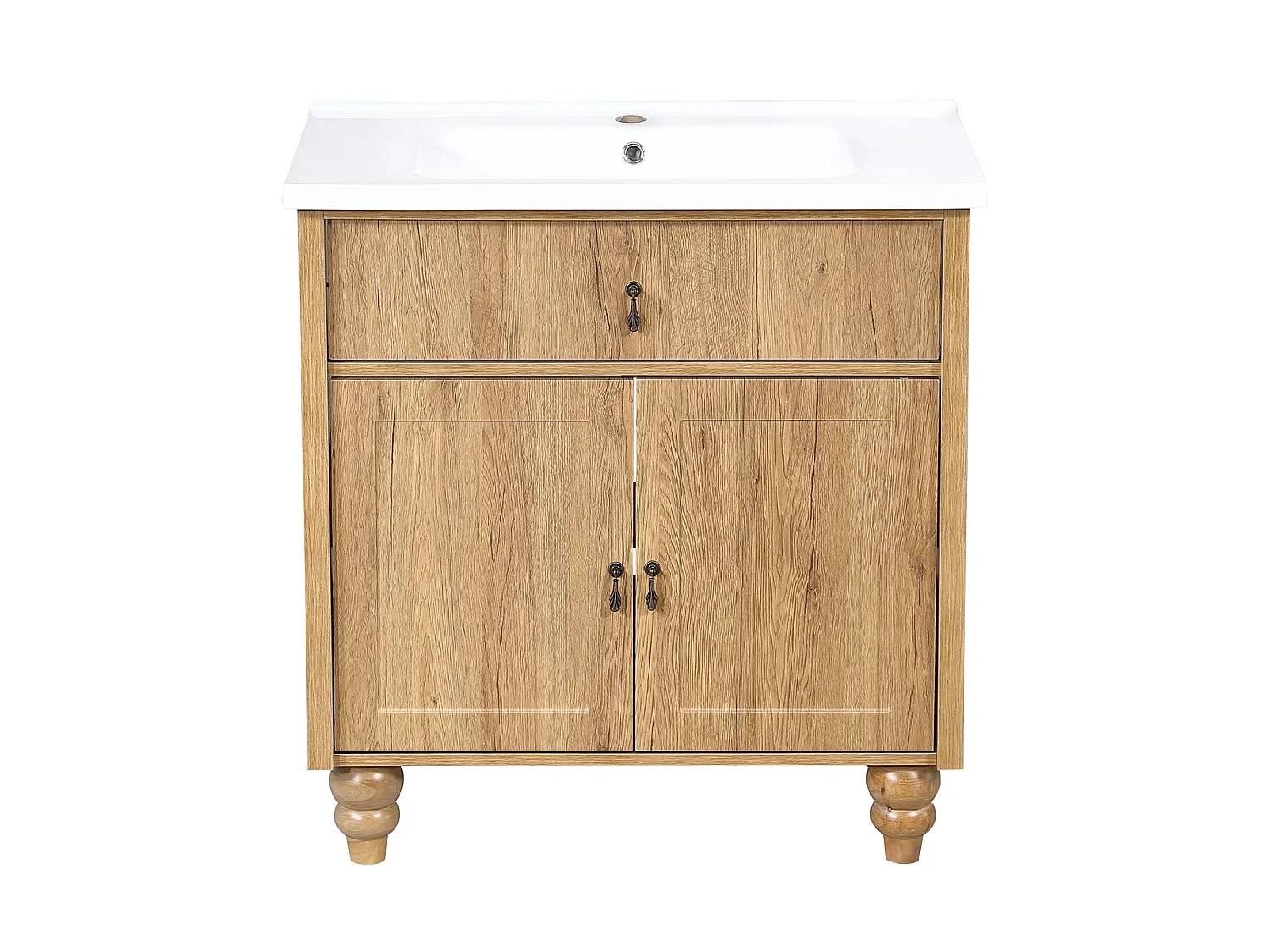 Meuble Sous-Vasque sur Pied 81cm - Meuble de Salle de Bain avec Vasque en Céramique, Tiroir Basculant & Poignées Rétro - Naturel