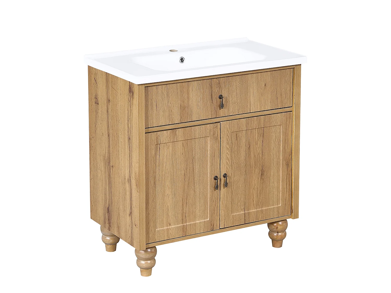 Meuble Sous-Vasque sur Pied 81cm - Meuble de Salle de Bain avec Vasque en Céramique, Tiroir Basculant & Poignées Rétro - Naturel