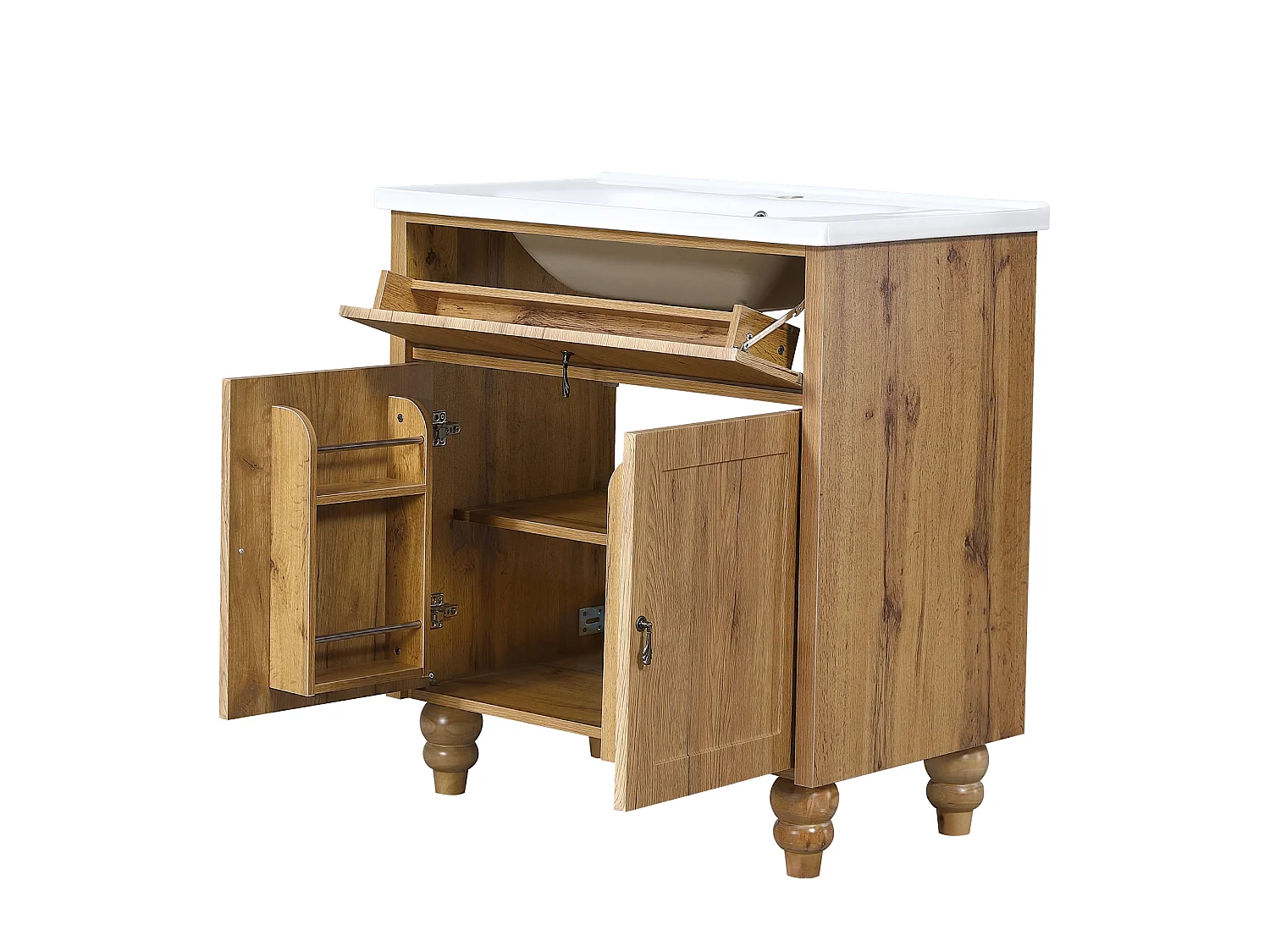 Meuble Sous-Vasque sur Pied 81cm - Meuble de Salle de Bain avec Vasque en Céramique, Tiroir Basculant & Poignées Rétro - Naturel