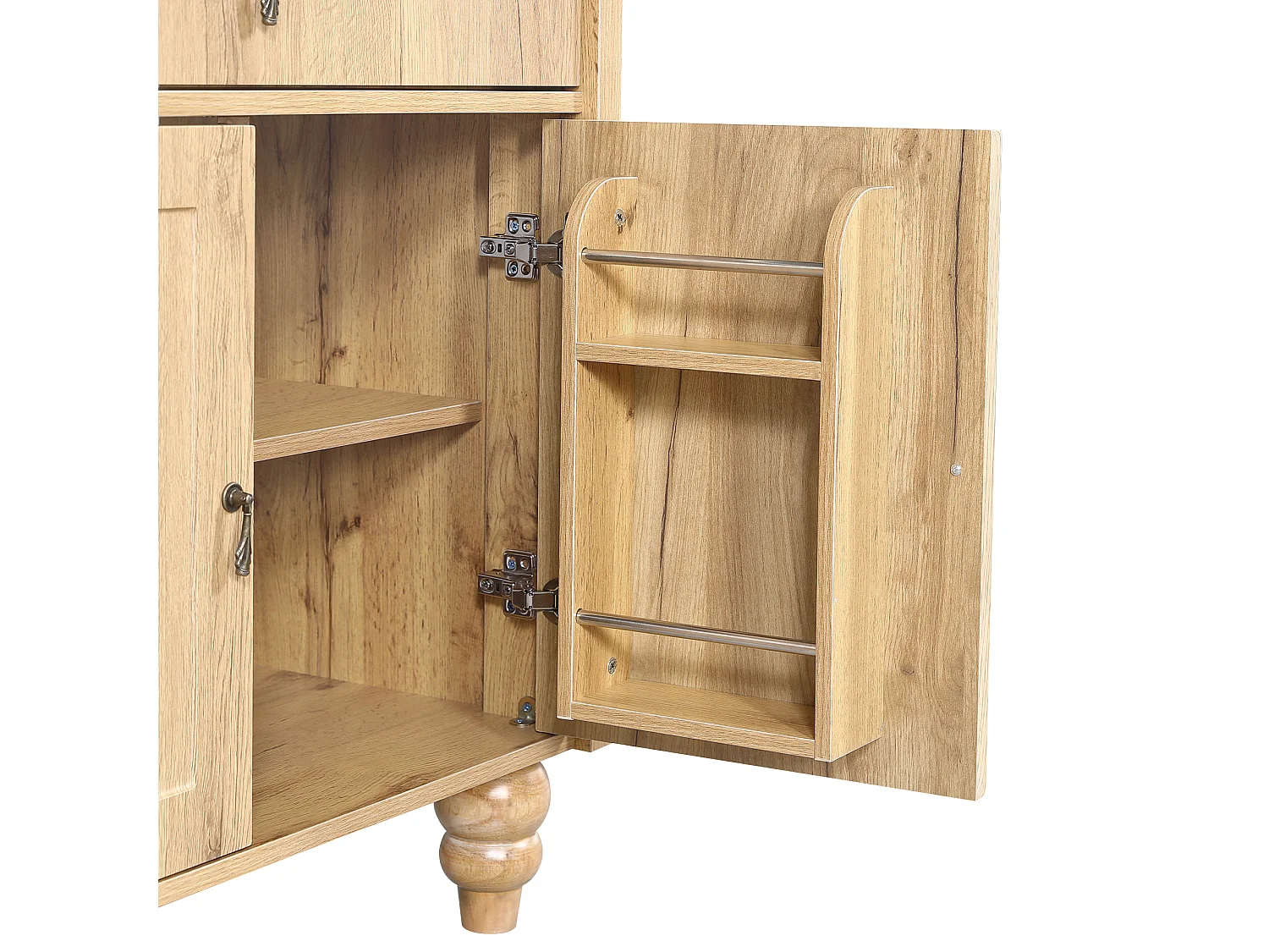Meuble Sous-Vasque sur Pied 81cm - Meuble de Salle de Bain avec Vasque en Céramique, Tiroir Basculant & Poignées Rétro - Naturel